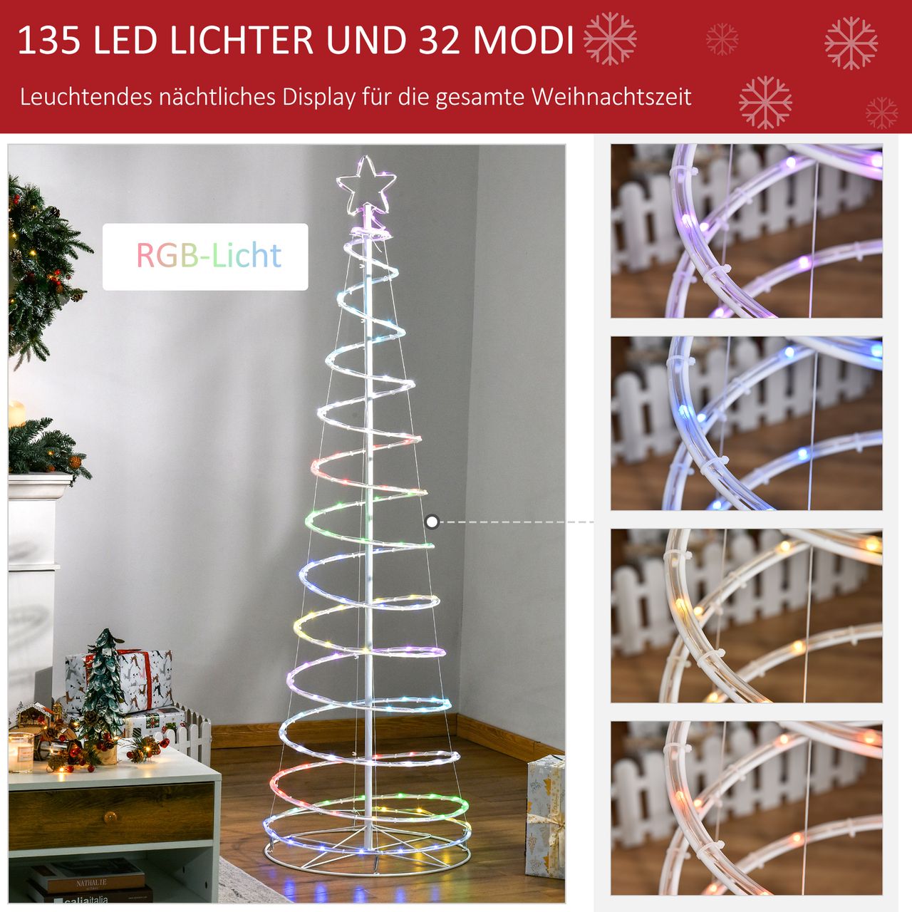 Outsunny LED Spiralbaum Weihnachtsbaum mit 135 Mini-Lichtern Christbaum Lichterbaum für Innen und Außen Weihnachtsdekoration PP-Kunststoff Metall Weiß Ø55 x 183 cm