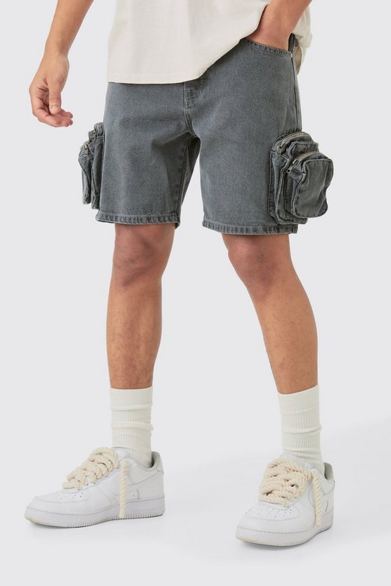Hellgraue Slim-Fit Jeansshorts mit 3D Cargo-Taschen