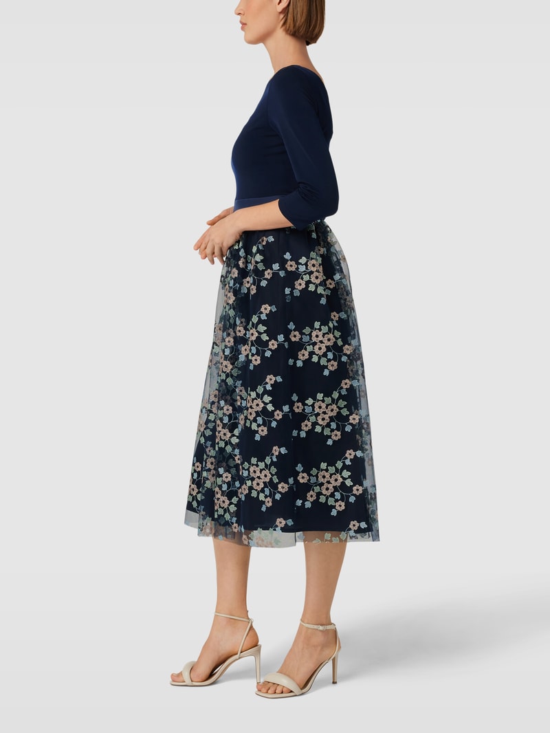 Cocktailkleid mit floralen Stickereien in marineblau meliert
