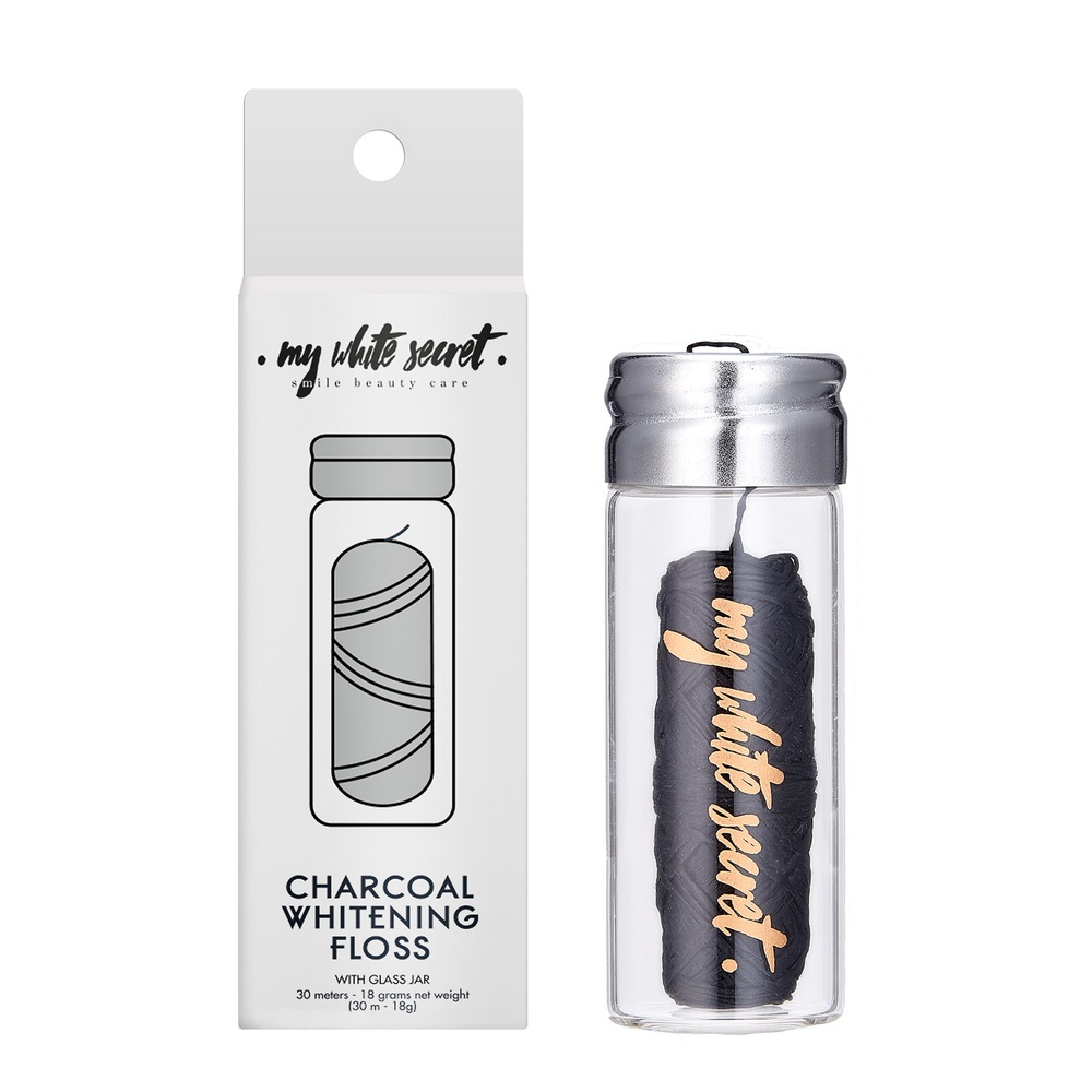 My White Secret Charcoal plastic free dental floss in glass jar Fil dentaire