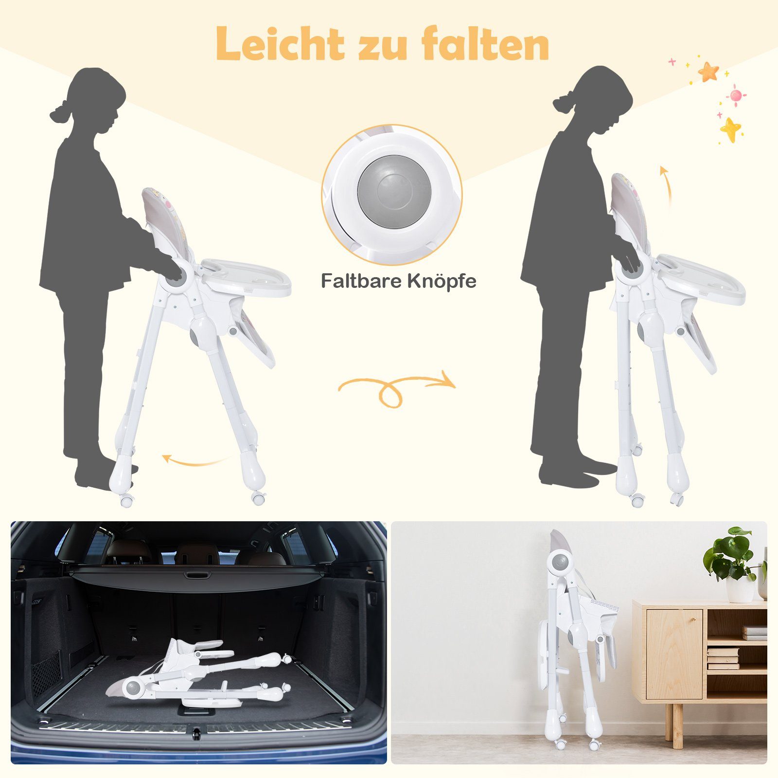 COSTWAY Hochstuhl, 3in1 klappbarer Babyhochstuhl, 7-stufiger Höhen, verstellbar