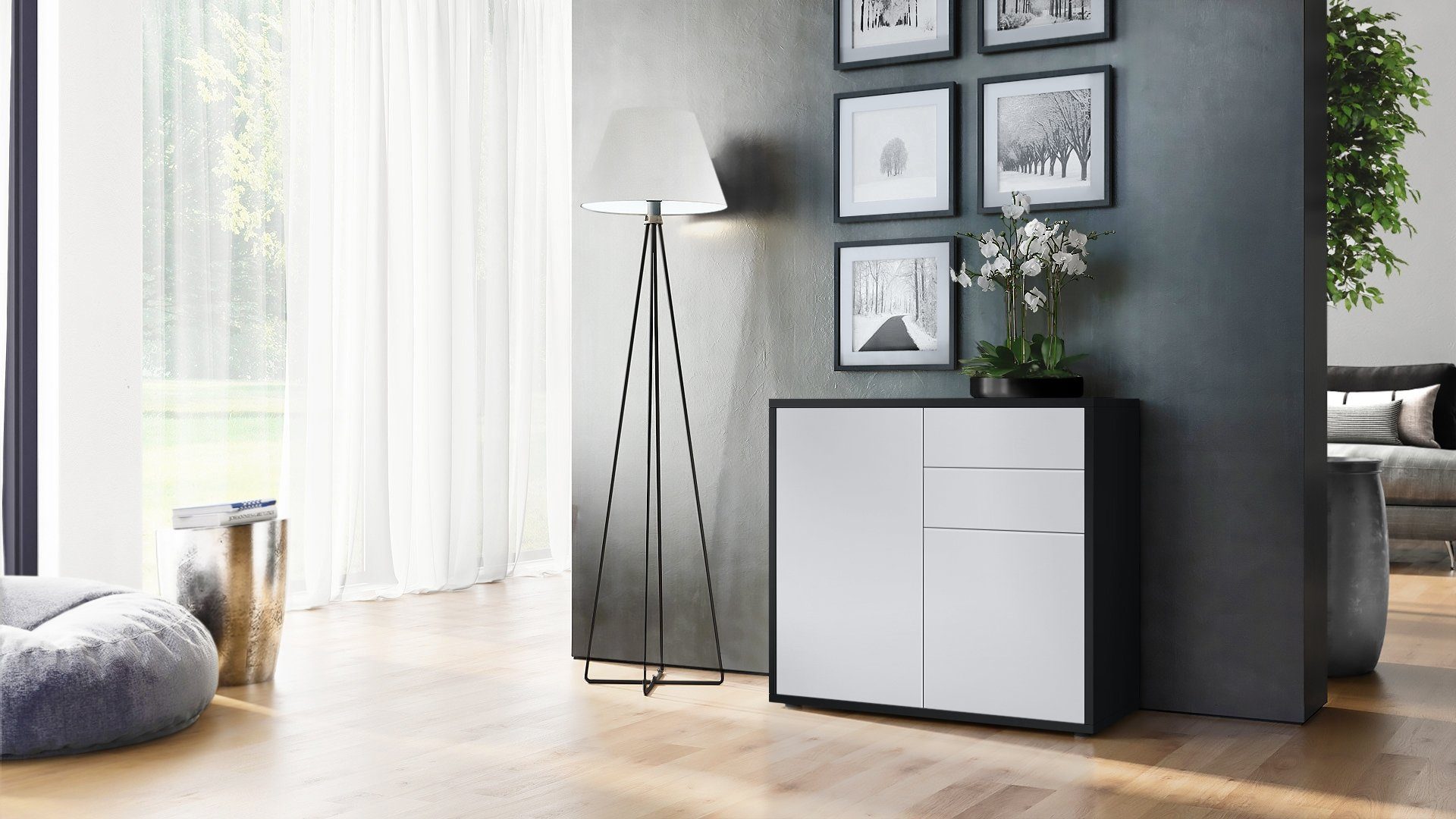 Vladon Kommode Ben (Kommode, mit 2 Türen und 2 Schubladen), Schwarz matt/Weiß matt (79 x 74 x 36 cm)