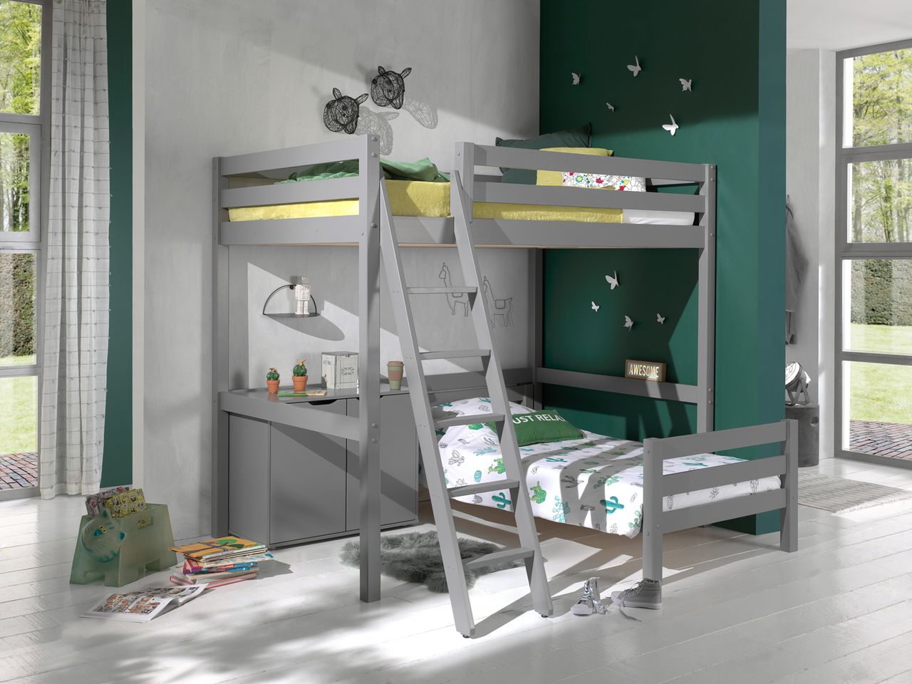 VIPACK Winkel Hochbett mit 2 Liegeflächen 90/140 x 200 cm und 2-trg. Kommode, Ausf. grau lackiert