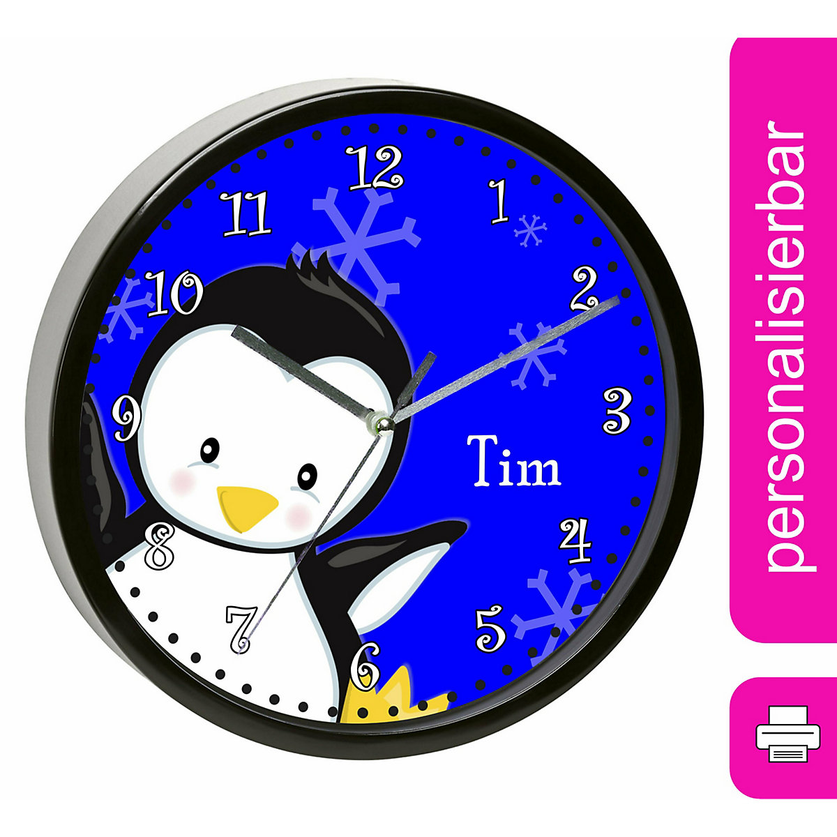 Kinder Wanduhr personalisiert mit Name Pinguin blau
