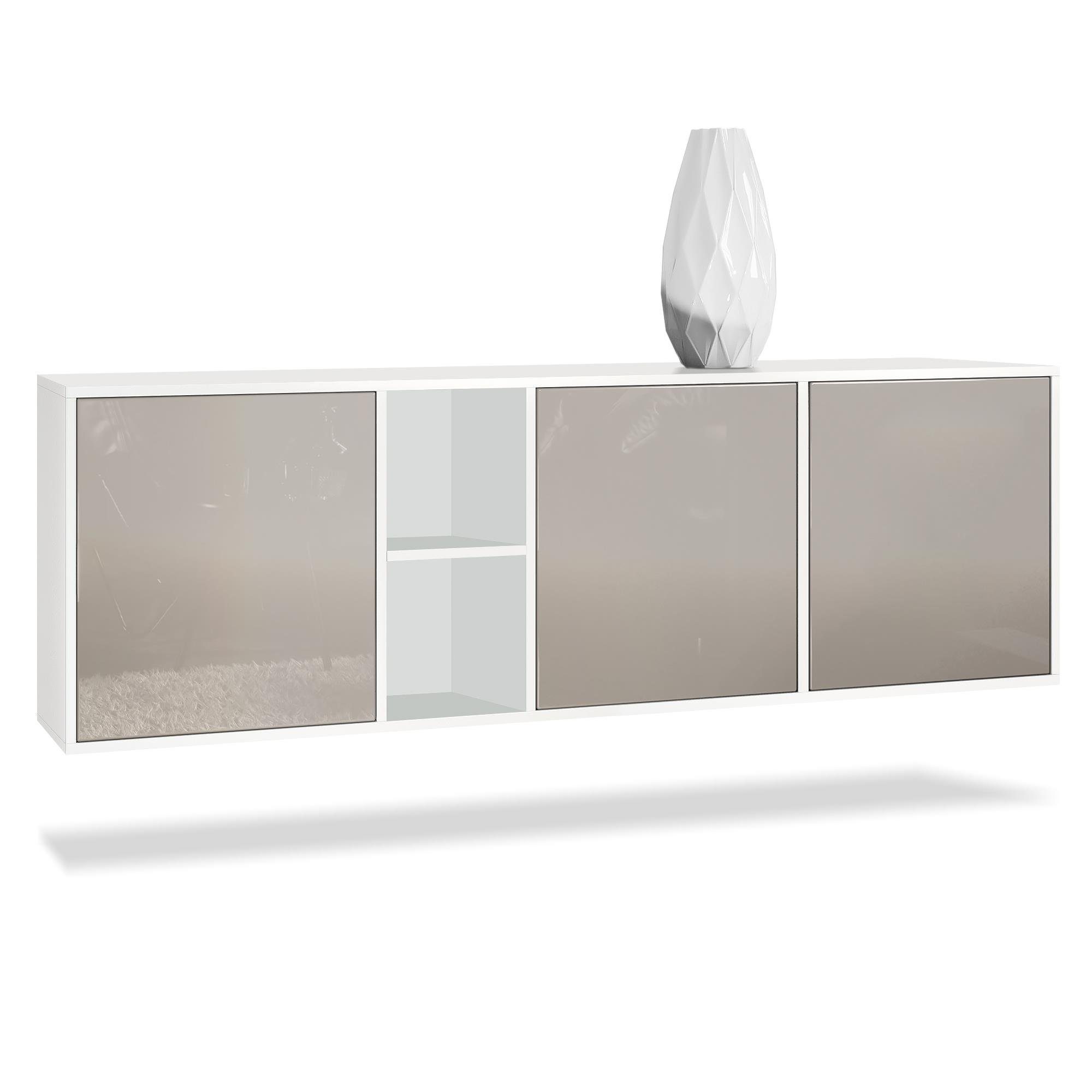 Vladon Sideboard Cuba (Kommode, mit 3 Türen und 2 offene Fächer), Weiß matt/Sandgrau Hochglanz (182 x 53 x 35 cm)