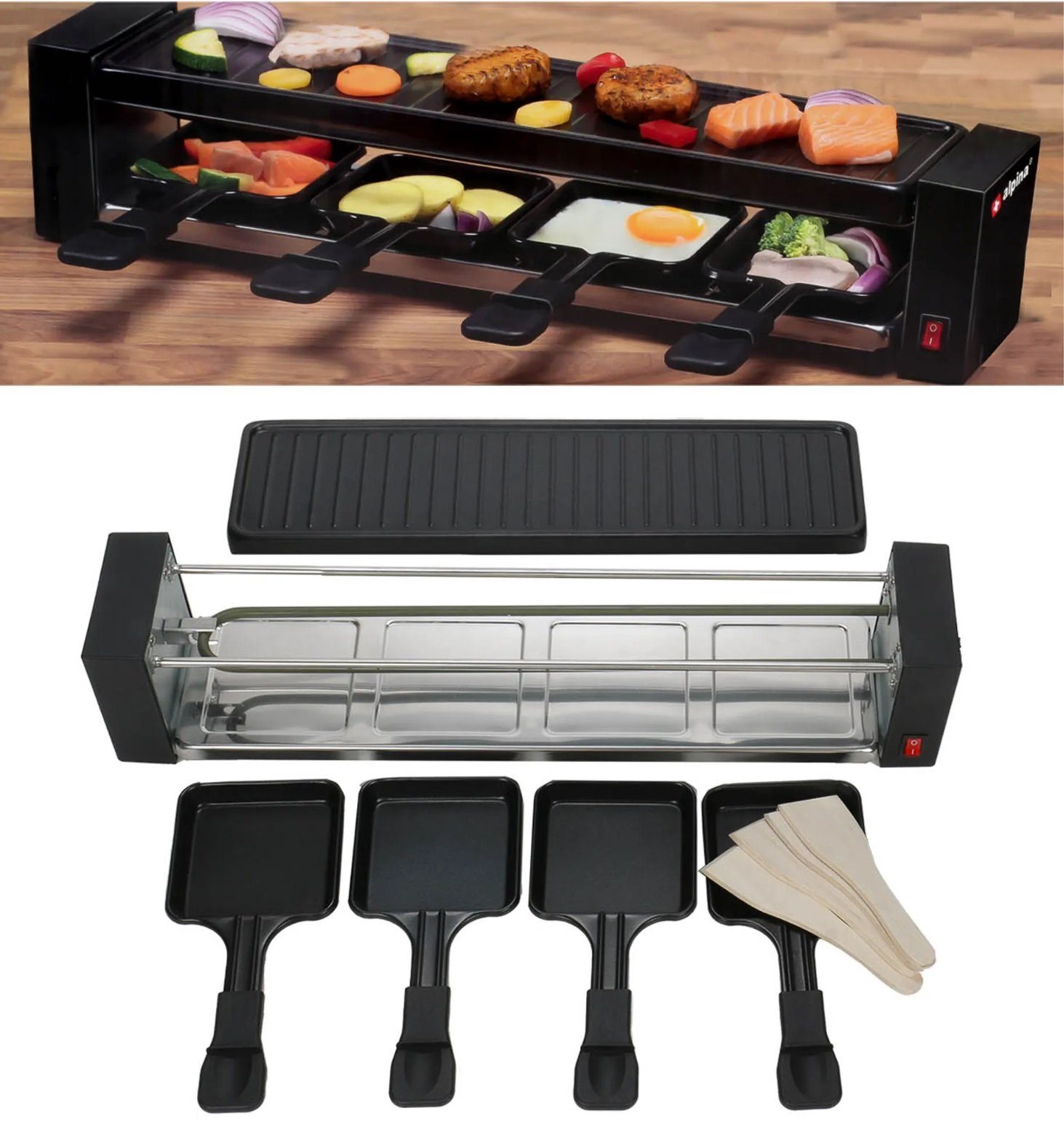 JUNG Raclette Raclette 4 personen Tischgrill Elektro Grill Partygrill Elektrogrill, 4 Raclettepfännchen, 800 W, Silvester, Weihnachten, Raklett, 4 Personen, 2 Personen, 6 Personen