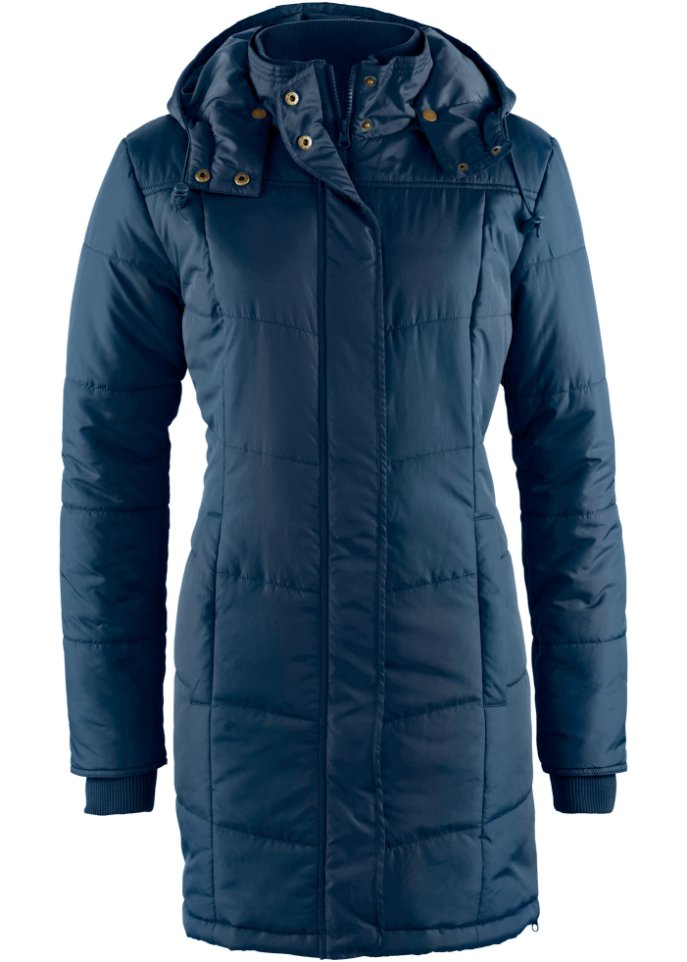 Long-Steppjacke, wattiert mit Kragen und Kapuze