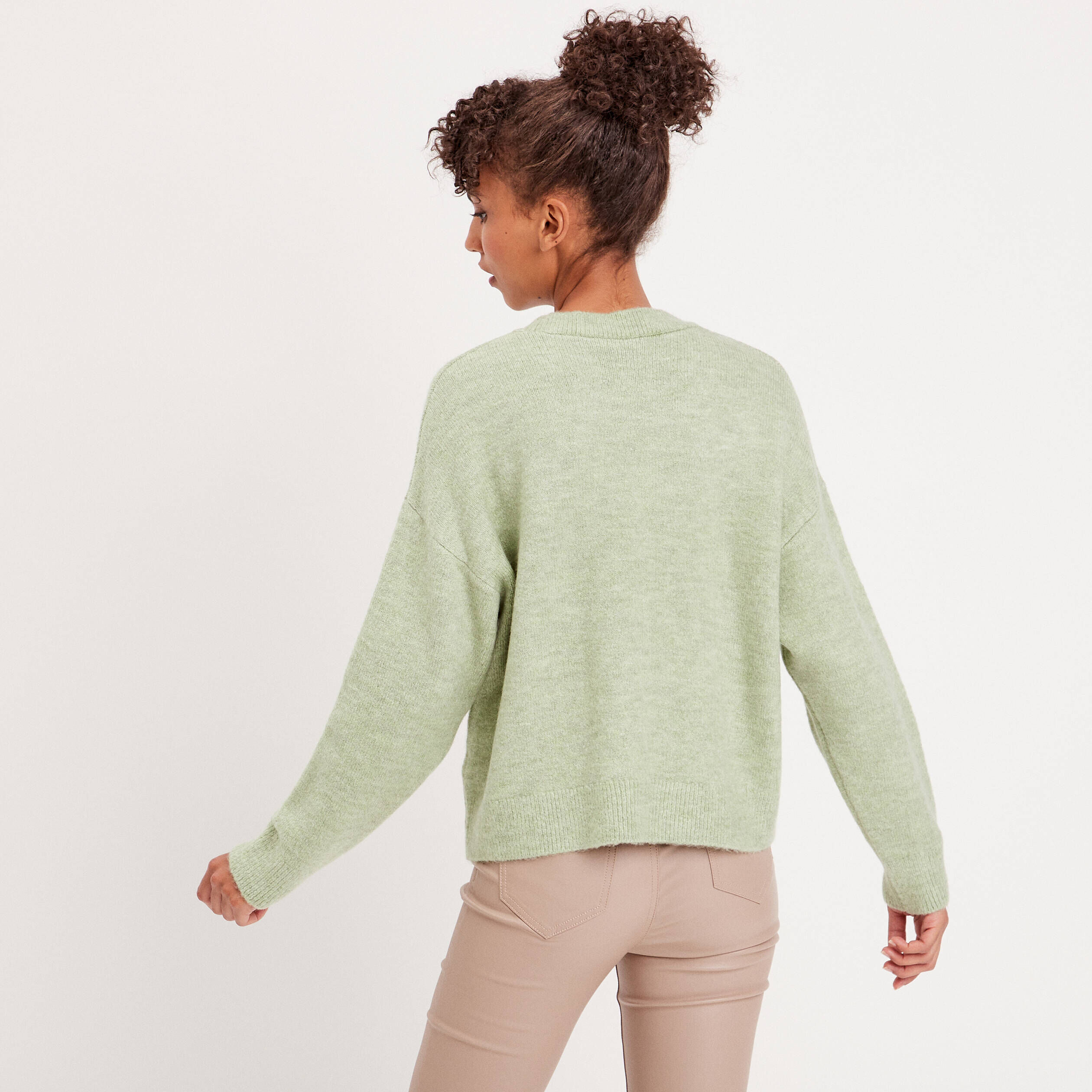 Pull manches longues col rond vert pastel femme | Cache Cache