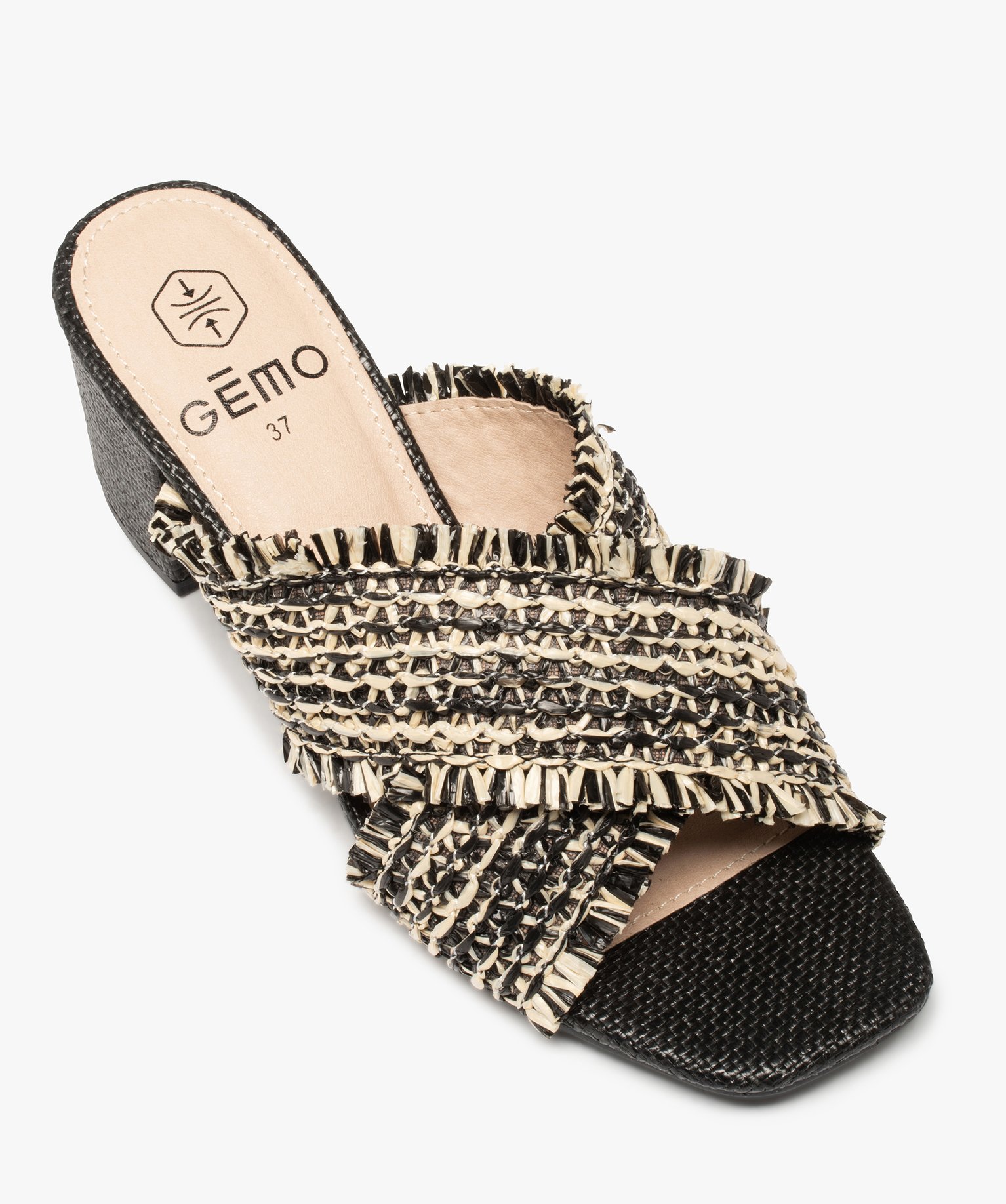 Mules femme à talon et brides en fibres tressées noir | GEMO