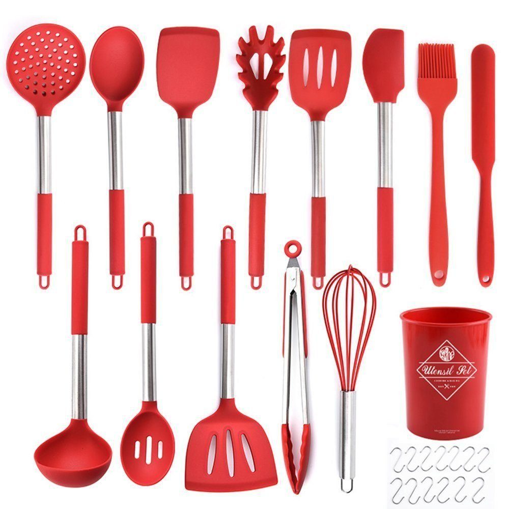 esyBe Kochbesteck-Set Silikon Küchenutensilien Set, Küchenhelfer, Küchengerät, Rot (13-tlg), Antihaftbeschichtet, Hitzebeständig