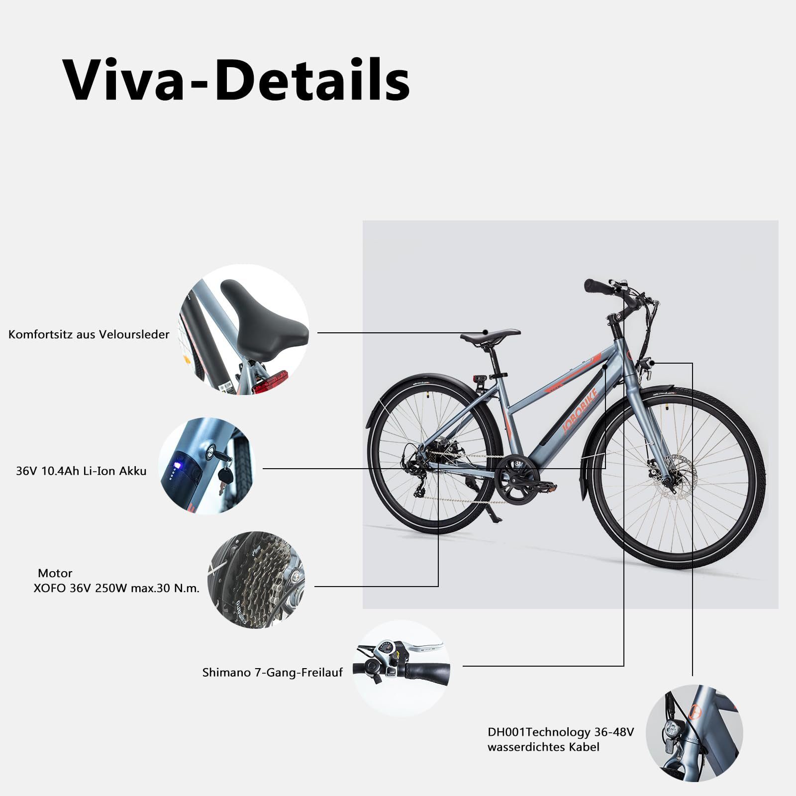 JOBOBIKE E-Bike Viva, 27,5 Zoll Leichte E-Bikes, 7 Gang Shimano, Kettenschaltung, Heckmotor, 375,00 Wh Akku, (Pedelec 25 km/h Damen Herren, mit 36V 14/10,4 Ah LG Akku, großer Kapazität, Abnehmbare), Mechanische Scheibenbremse