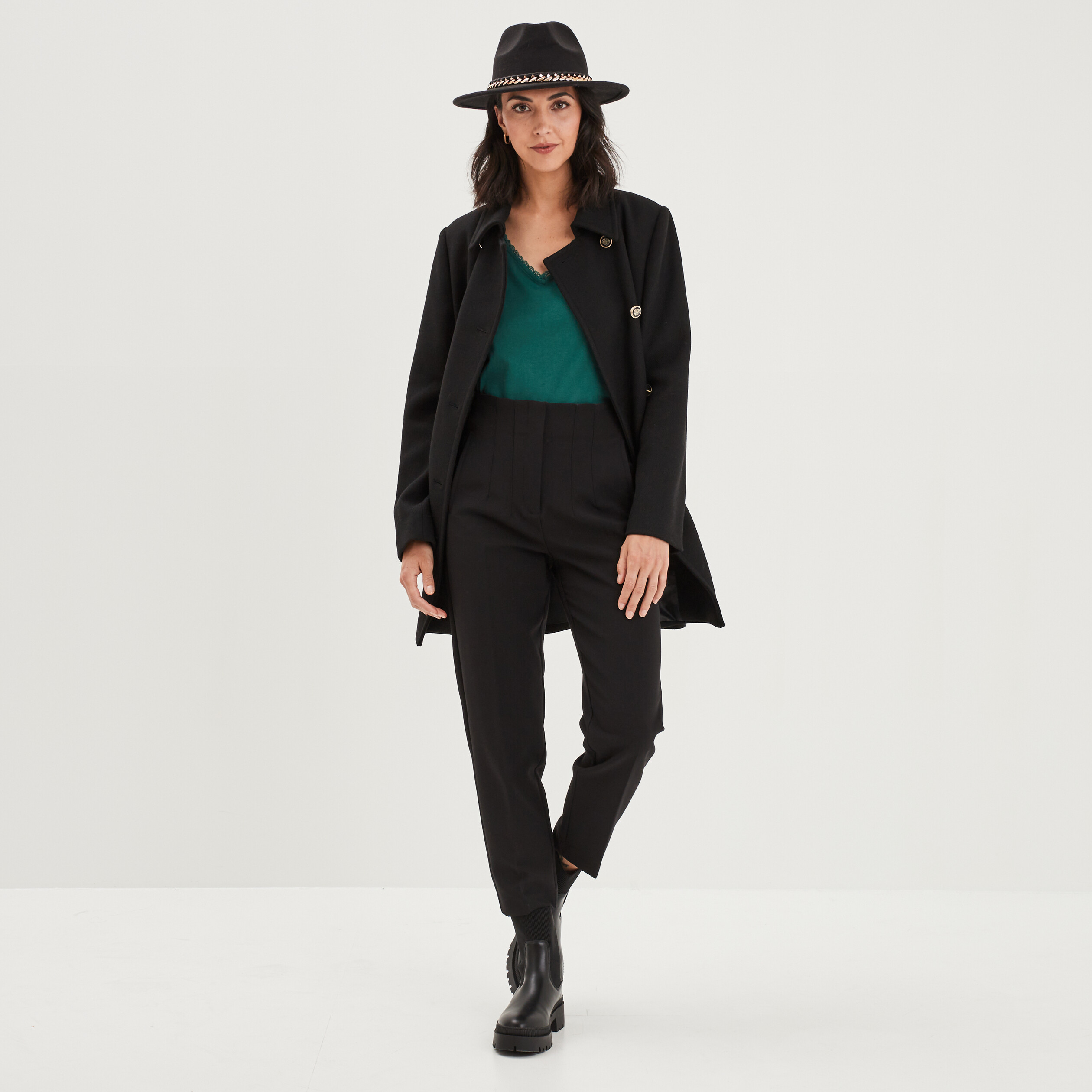 Caban boutonné mi-long noir femme | La Halle