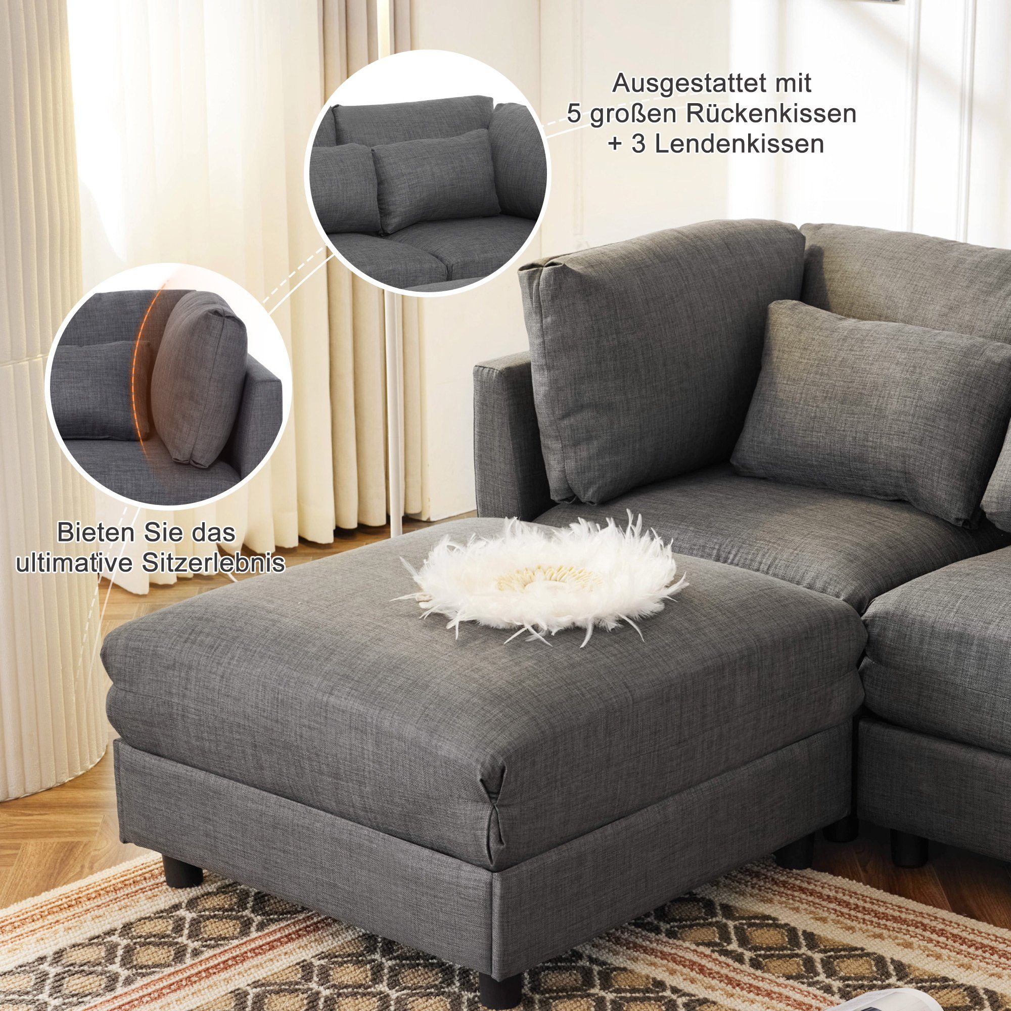 REDOM Sofa Ecksofa Schlafsofa, 3-Sitzer-Sofa, Wohnzimmersofa, Sofa mit Chaiselongue, mit Fußstütze