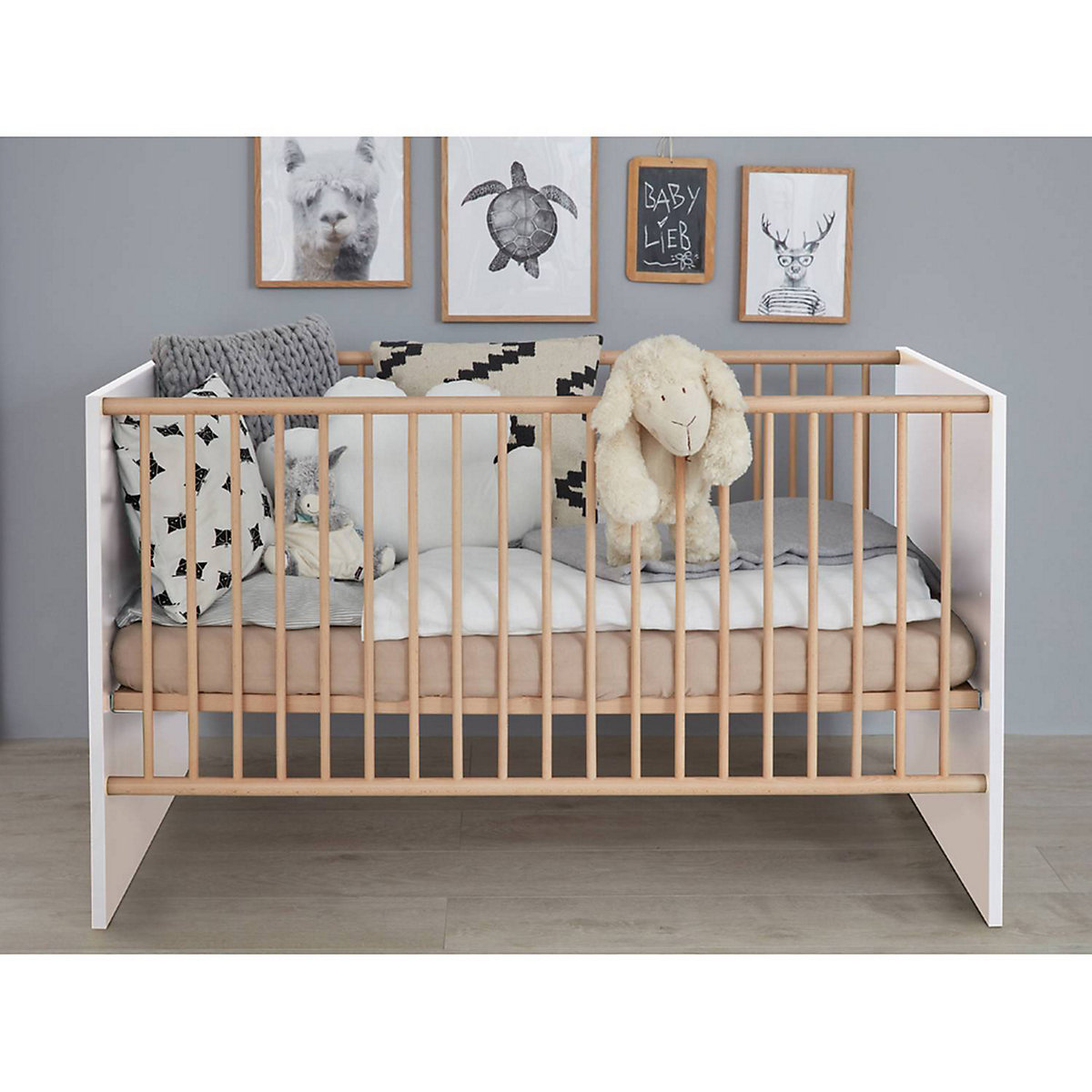 Wickeltisch Set mit Babybett MANISA-19 in Weiß mit Absetzungen in Buche massiv