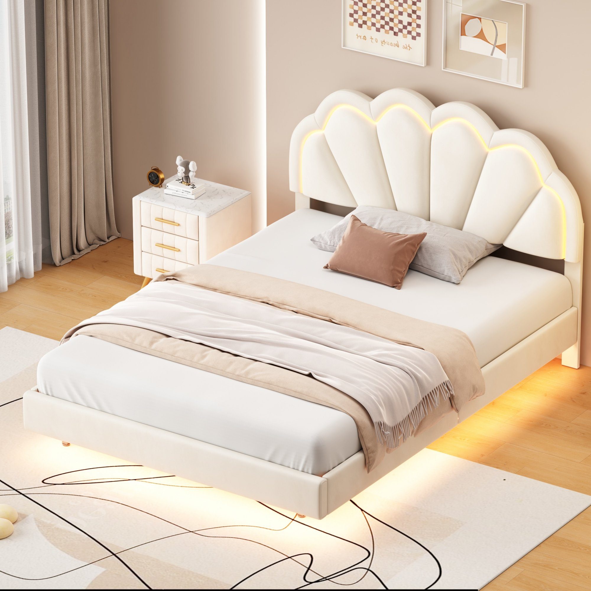 Flieks Polsterbett, LED Beleuchtung Doppelbett Schwebebett Muschel Kopfteil 140x200cm Samt