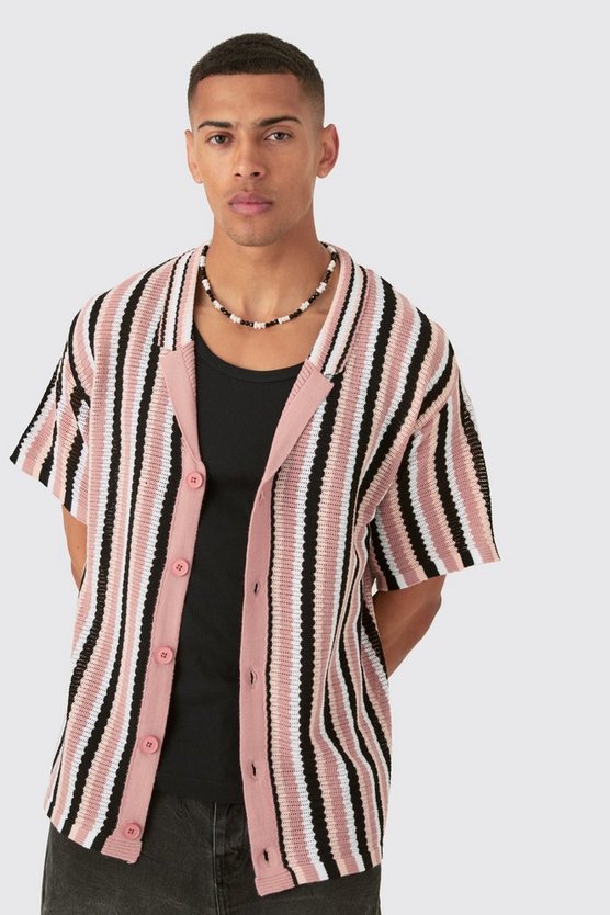 Gestreiftes Oversize Strick-Hemd in Schwarz