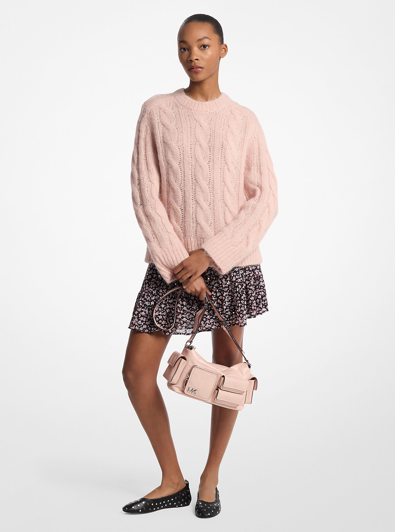 Naglemønstret Georgette-skjørt med blomstertrykk - DUSTY ROSE