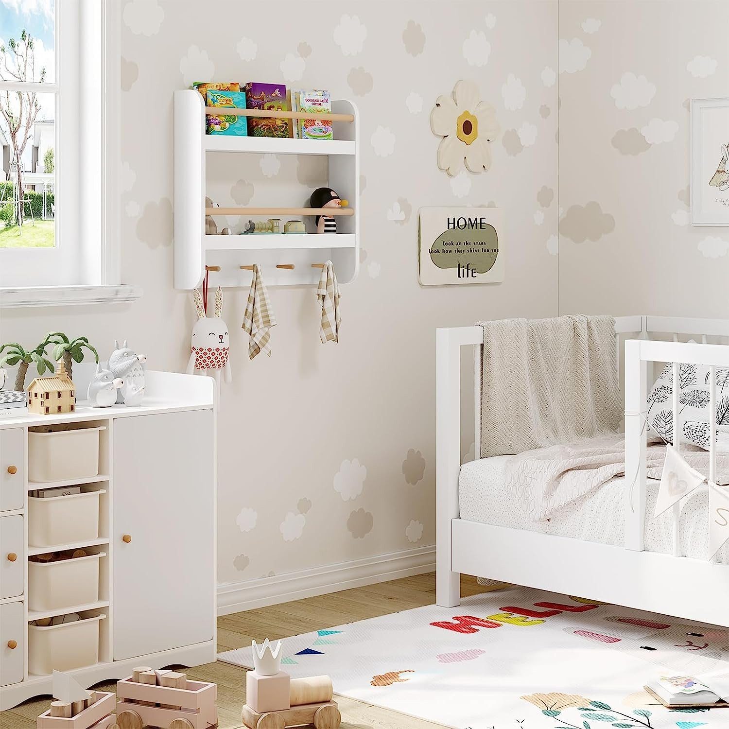 Woltu Kinderregal, 1-tlg., Bücherregal Wandregal mit 2 Ablagen 4 Hake aus MDF