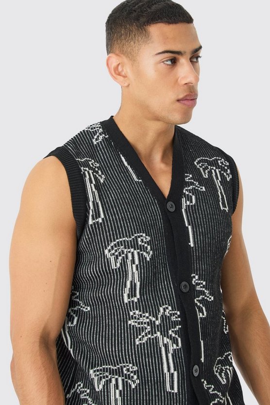 Geripptes Strick-Tanktop mit Knopfleiste und Palmen-Print