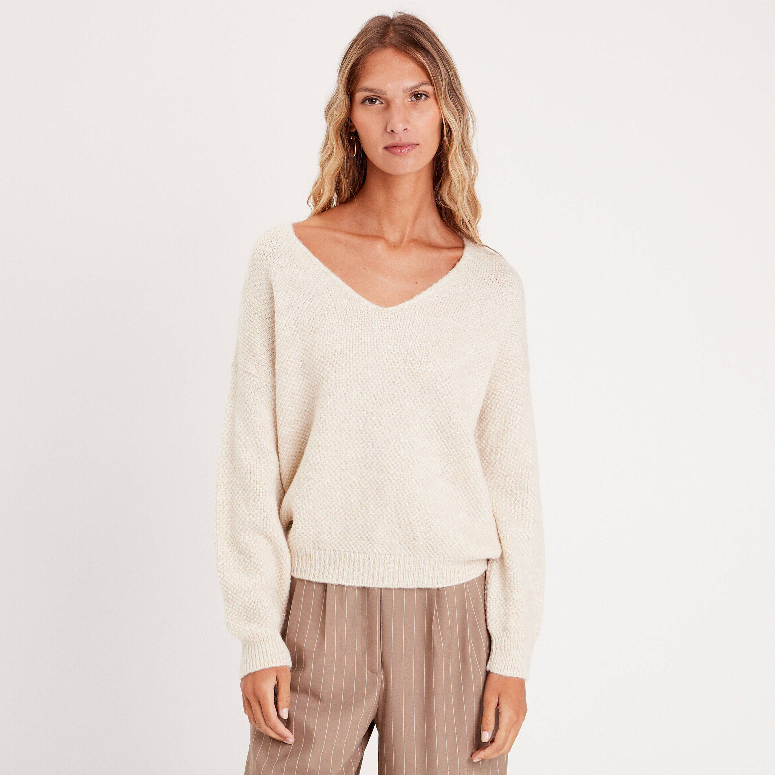 Pull manches longues col en V ecru femme | Cache Cache