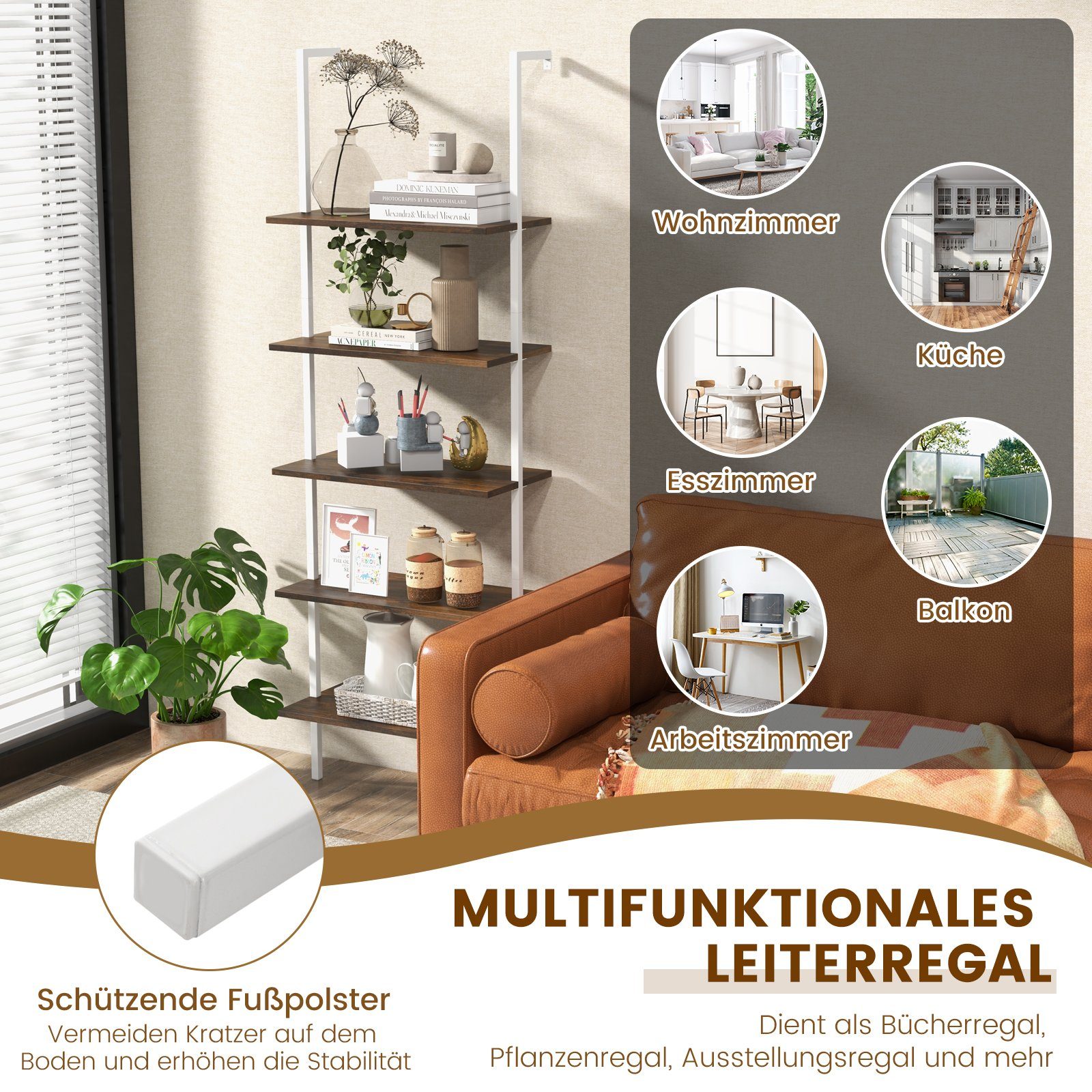 COSTWAY Leiterregal 5 Ebene Bücherregal, mit Metallrahmen, 180cm