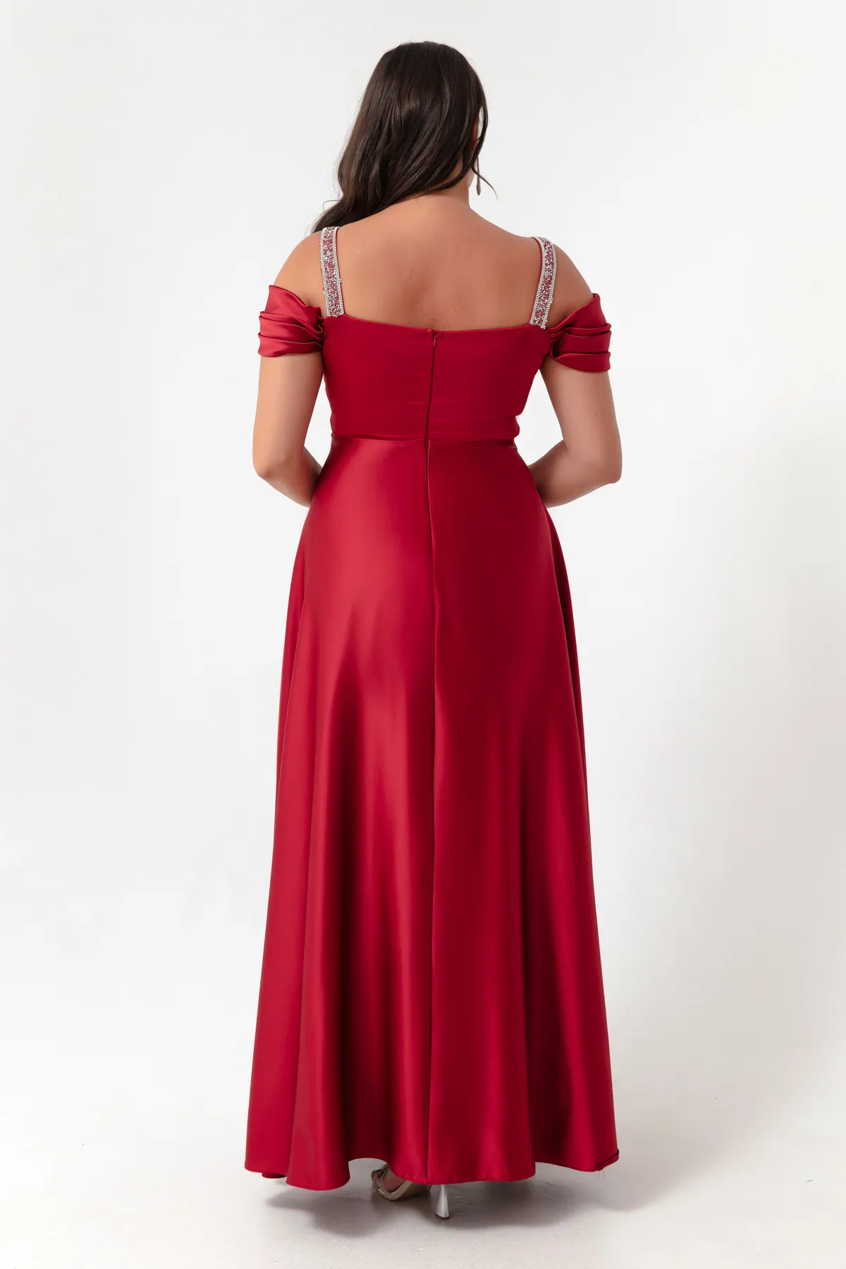 Lafaba  Damen-Abendkleid in Burgunderrot mit Steinträgern, drapiert, langes Abendkleid in Übergröße