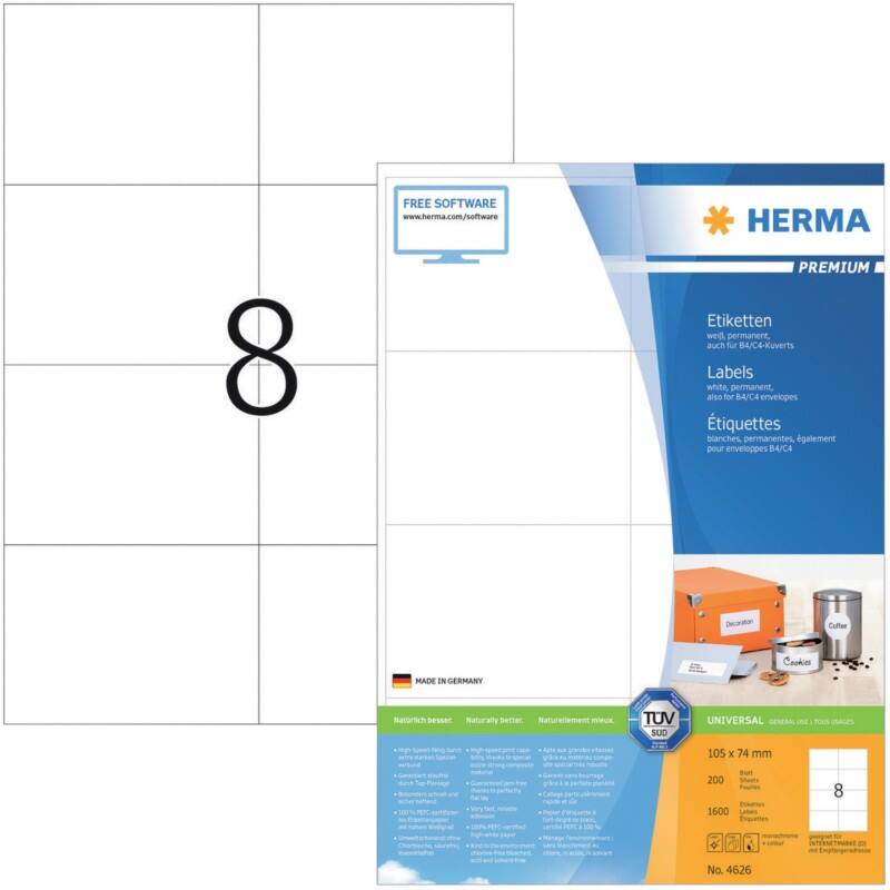 HERMA Universaletiketten 4626 Weiß DIN A4 105 x 74 mm 200 Blatt à 8 Etiketten