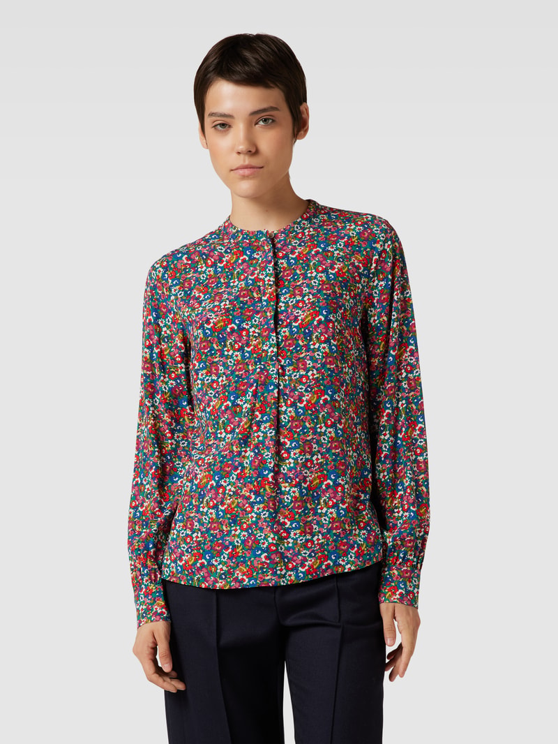 Bluse aus Viskose mit floralem Muster und verdeckter Knopfleiste in dunkelblau