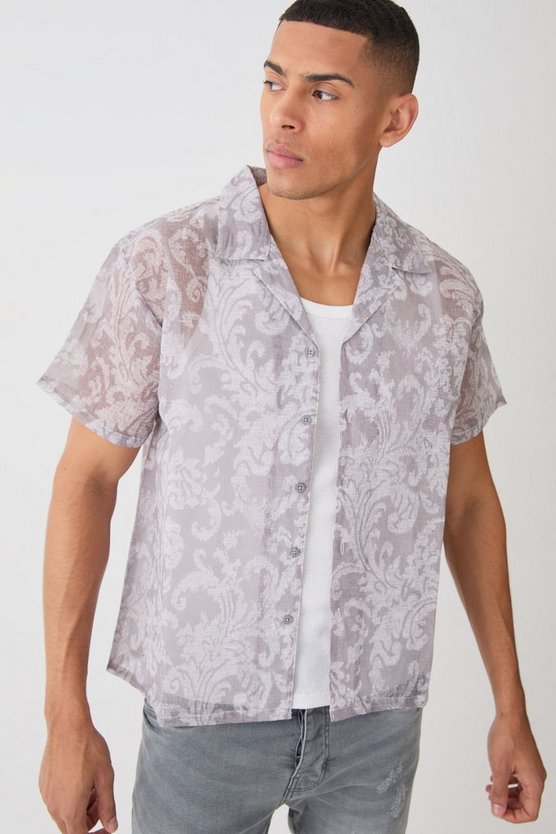Kurzärmliges kastiges transparentes Hemd mit Barock-Print