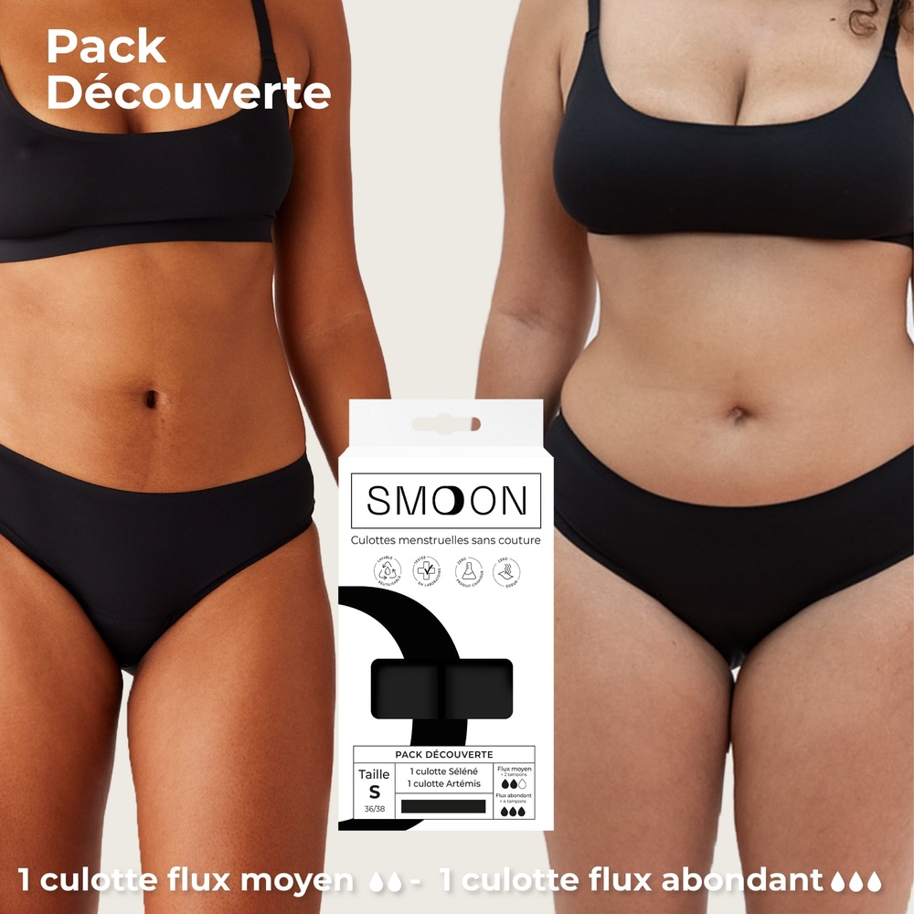 smoon lingerie Pack de 2 de culottes menstruelles Pack découverte noir : 1 culotte flux moyen + 1 culotte flux abondant