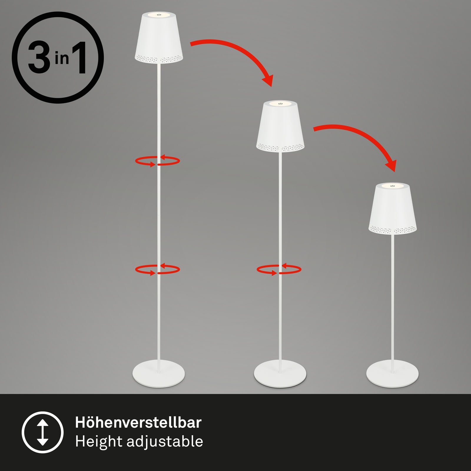 Briloner Leuchten LED Außen-Stehlampe 1438016, LED fest verbaut, Warmweiß, Akku, höhenverstellbar, USB-C, warmweiß, IP44, schwarz, 38-130 cm