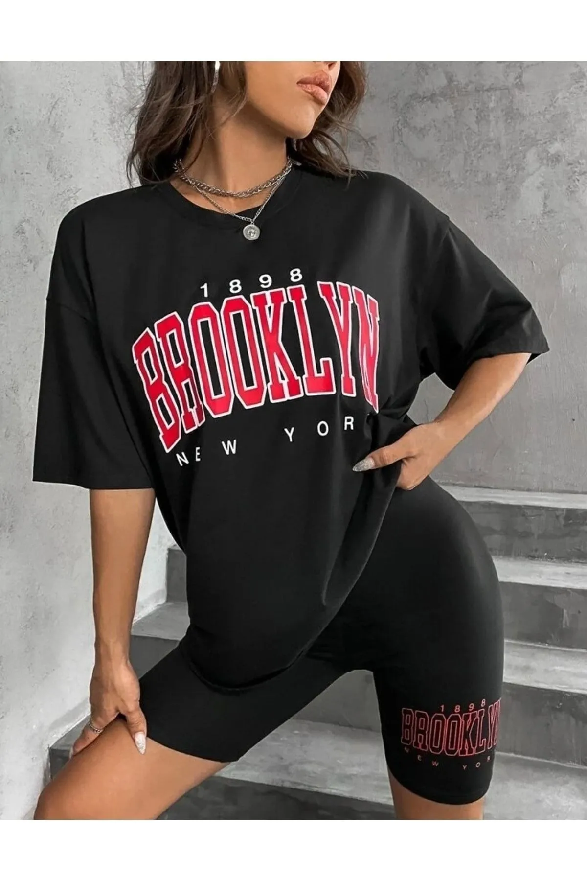 Know  Schwarzes, übergroßes, bedrucktes Brooklyn-Strumpfhosen-Set für Damen