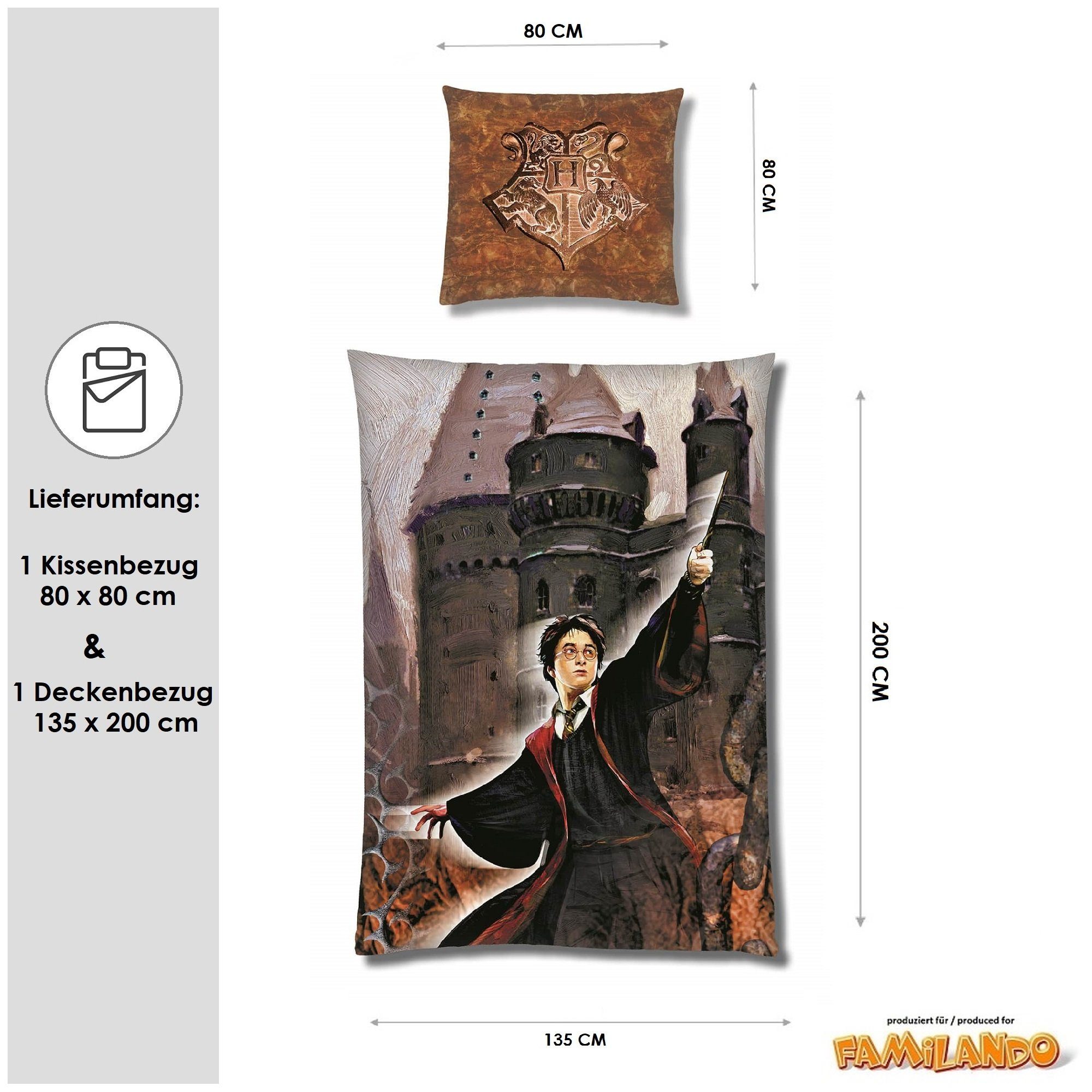 Kinderbettwäsche Harry Potter 135x200 80x80 cm, extra flauschig mit Reißverschluss, Familando, Fleece, 2 teilig, mit Hogwarts Wappen auf Kopfkissen und Wendeseite