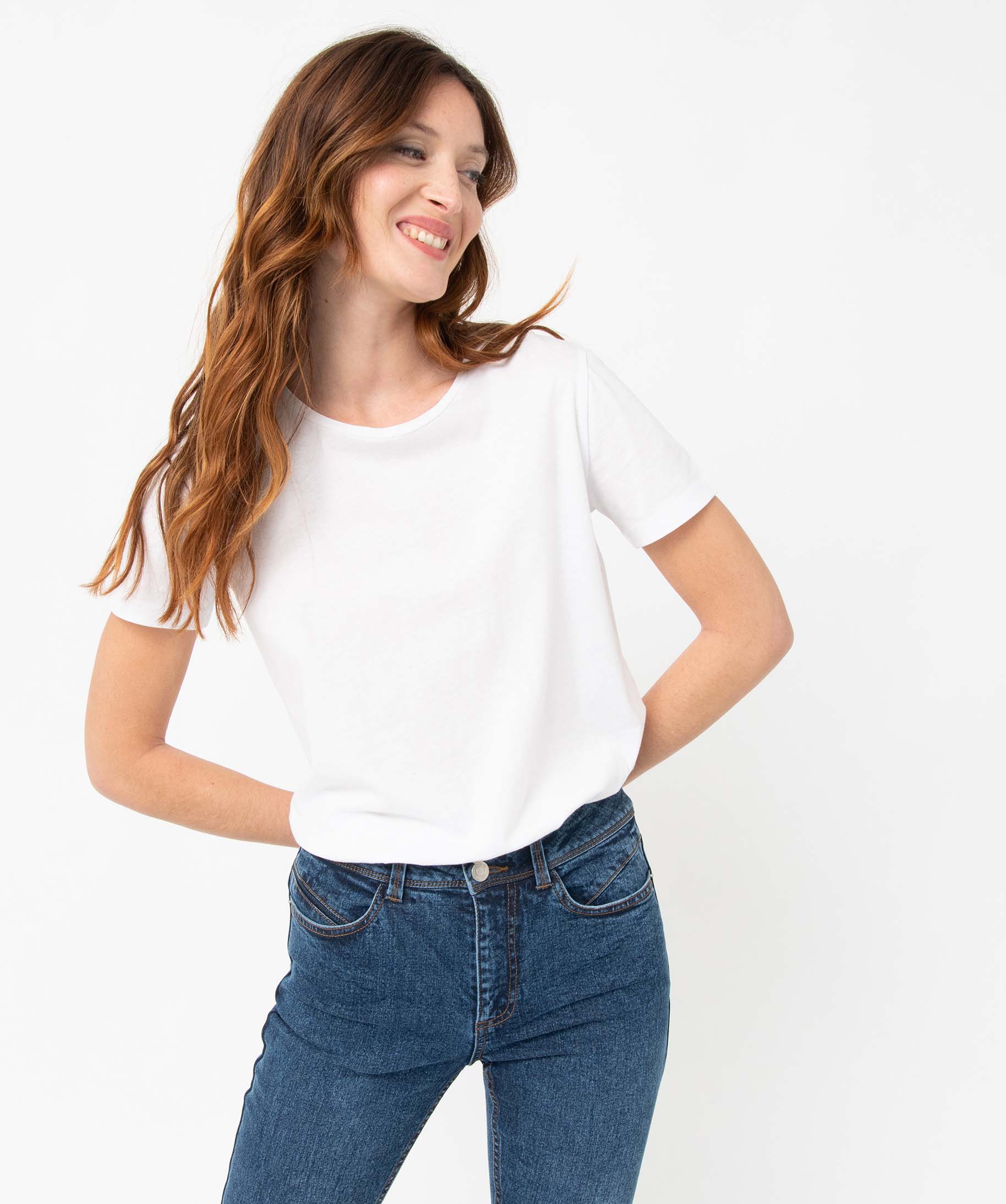 Tee-shirt femme à manches courtes et col rond blanc | GEMO