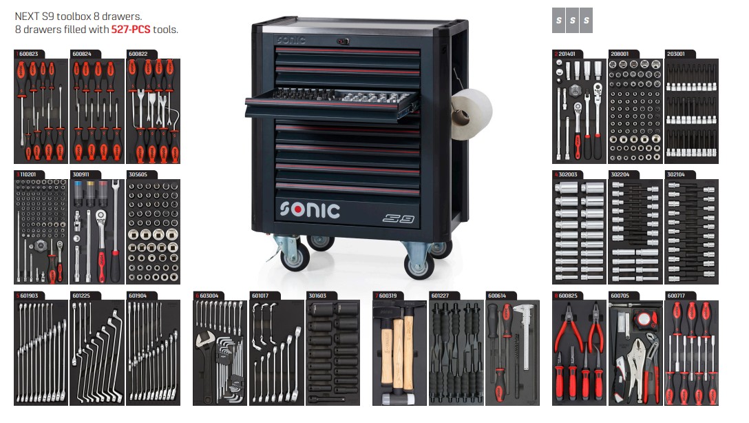 „Sonic 752777“ įrankių vežimėlis su įdaru | NEXT S9 | 527 dalių