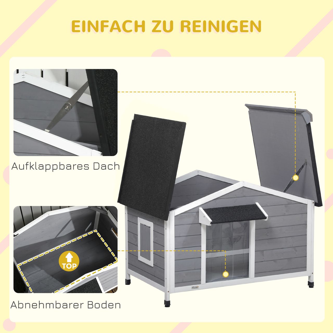 PawHut Hundehütte, Tannenholz, Hundehaus mit Asphaltdach, Outdoor, Wetterfeste