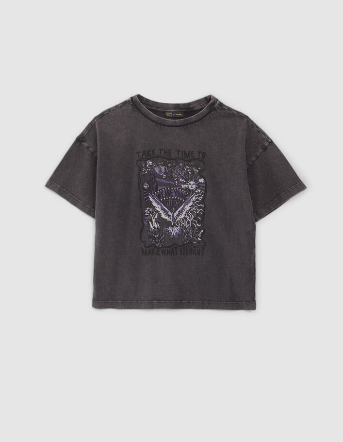 T-shirt gris visuel rock avec clous fille