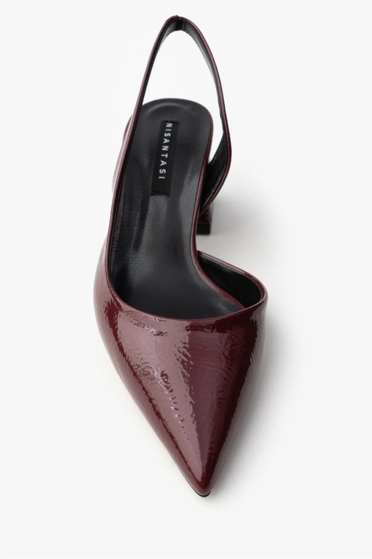 NİŞANTAŞI SHOES  Owen Claret Damen-Schuhe mit Absatz aus rotem Lackleder mit Riemendetail hinten und spitzer Zehenpartie