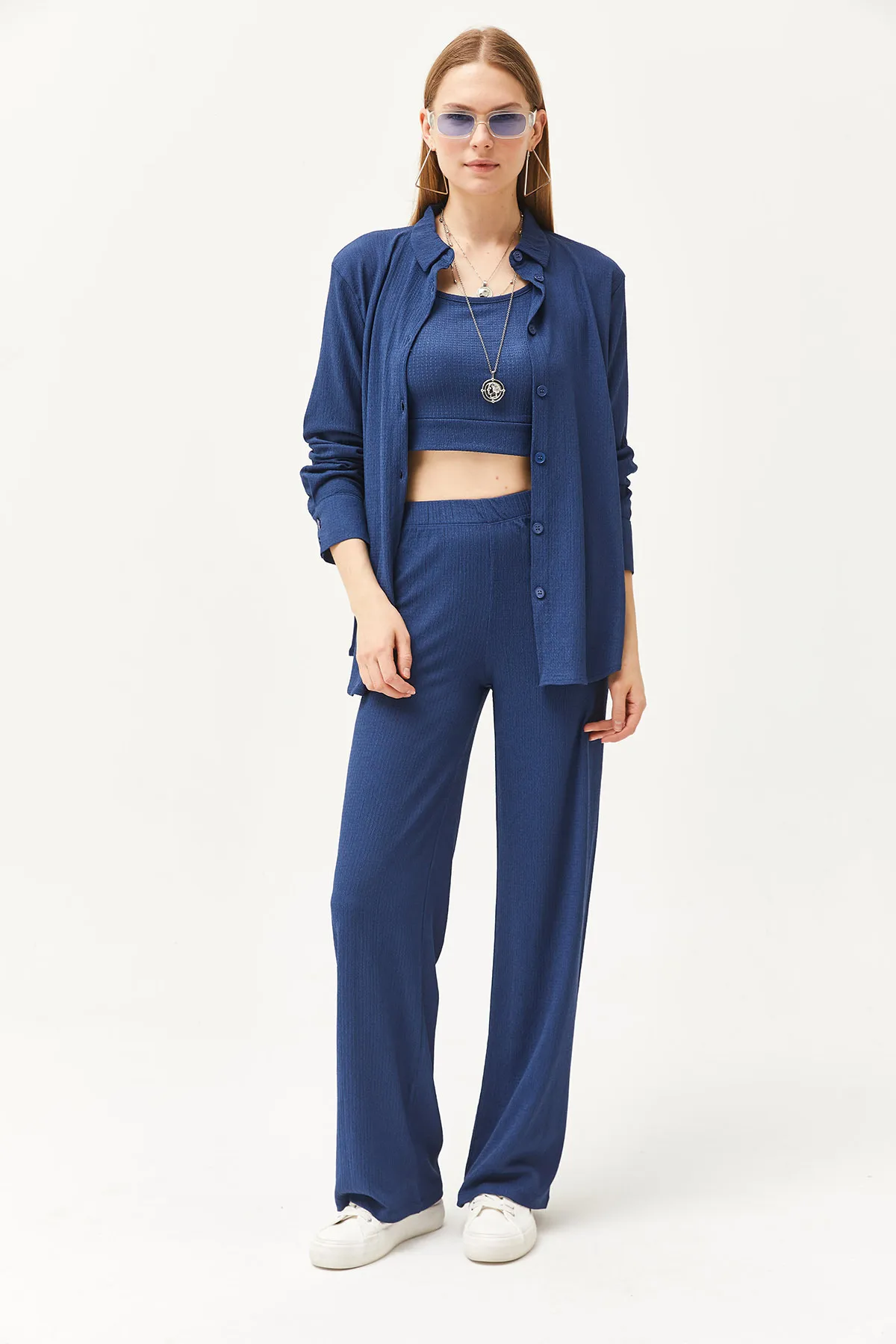 Olalook  Damen Indigo Hemdbluse Hose 3-teiliges Set TKM-19000270
