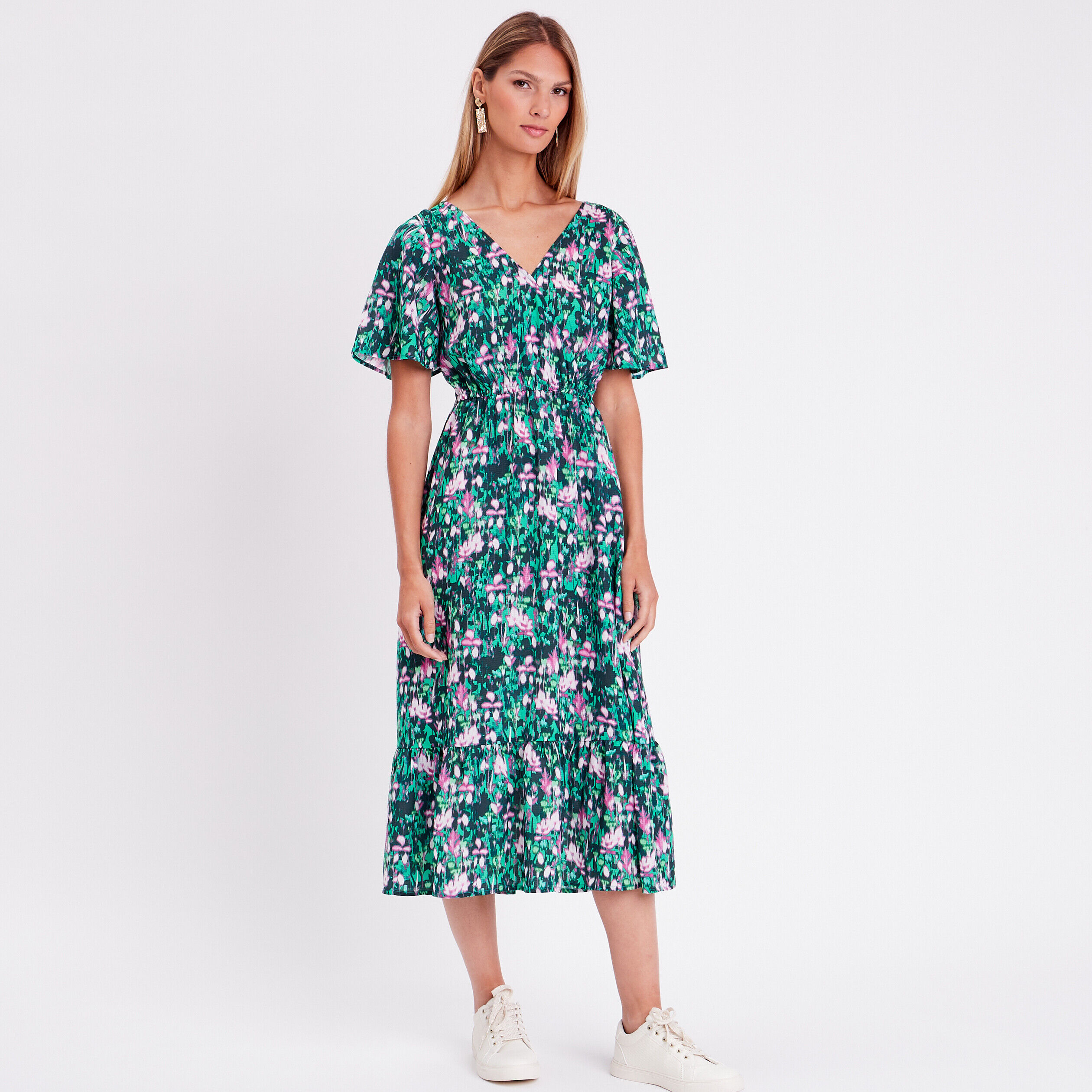 Robe longue évasée dos ouvert vert femme | Cache Cache