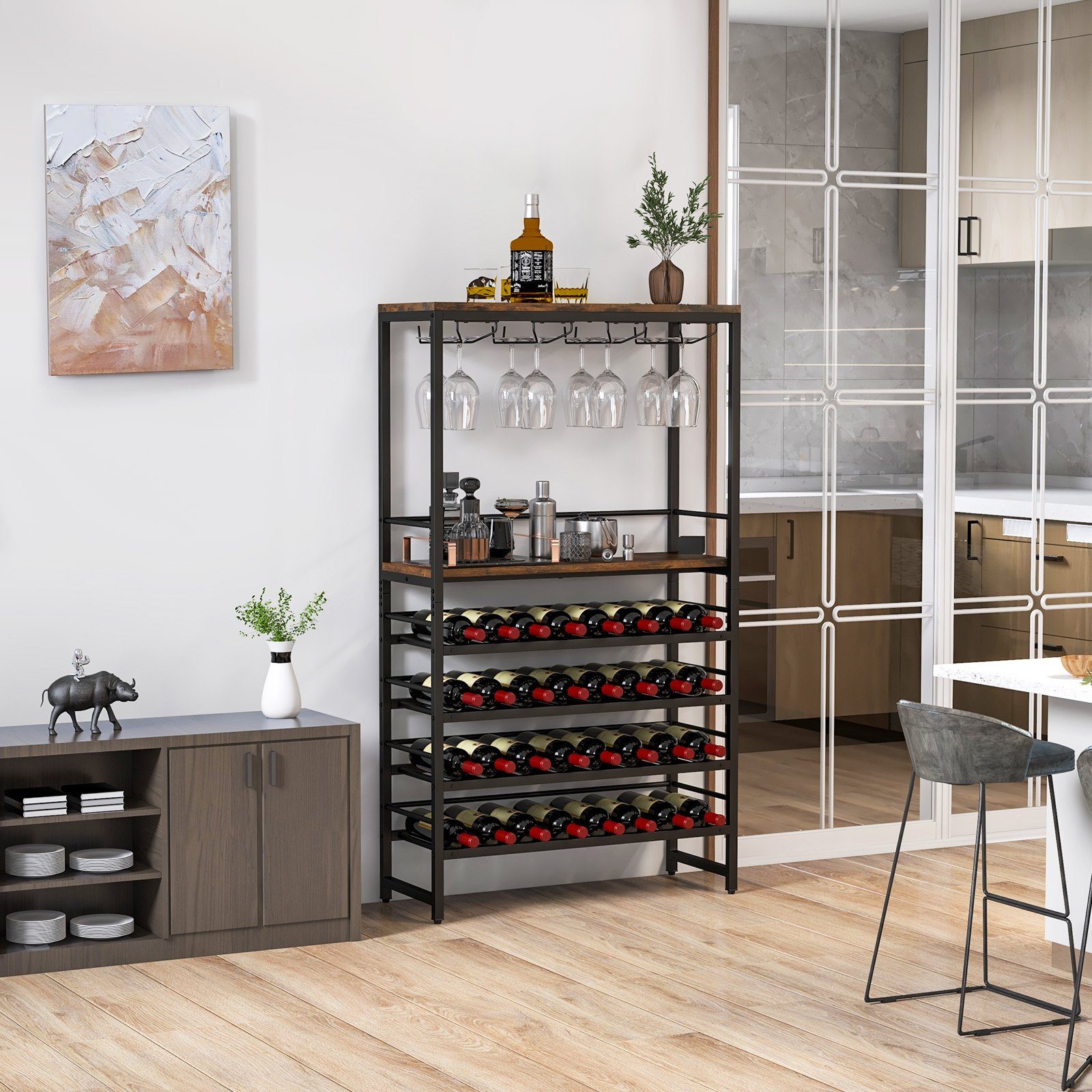 COSTWAY Weinregal, stehend, Metall, für 32 Weinflaschen&16 Gläser, 80x30x140cm