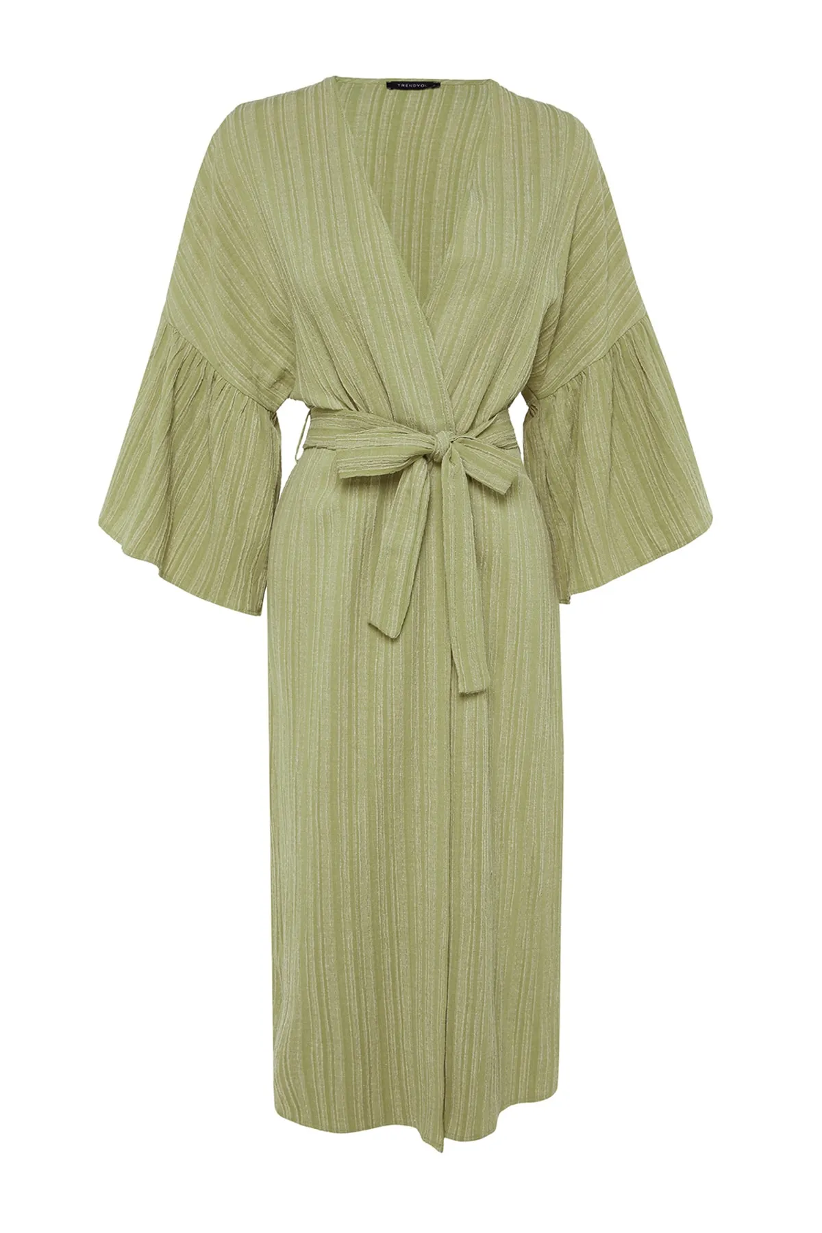 Trendyol Collection  Khakifarbener Maxi-Kimono und Kaftan aus Leinenmischung mit gewebtem Volant und Gürtel TBESS23KM00028
