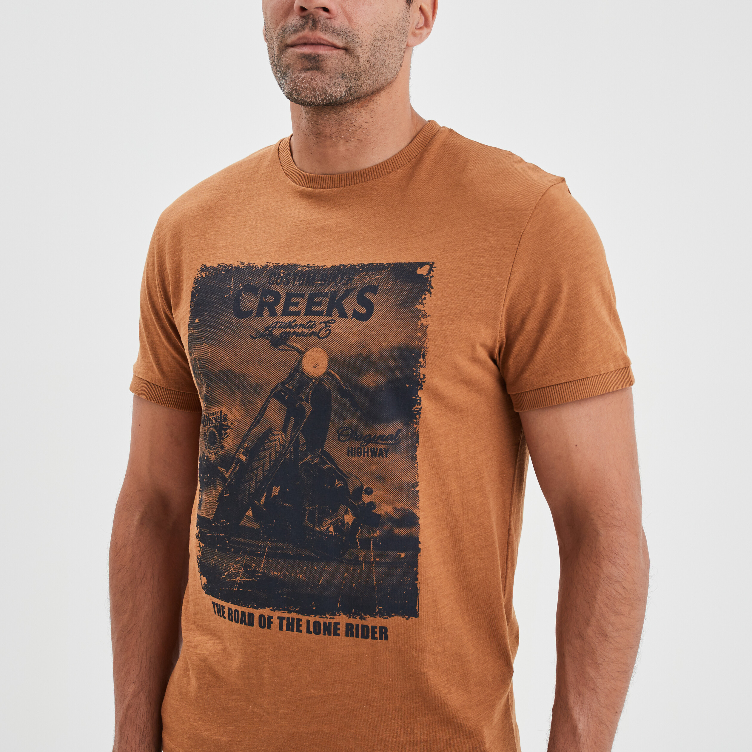 T-shirt manches courtes coton Creeks marron homme | La Halle