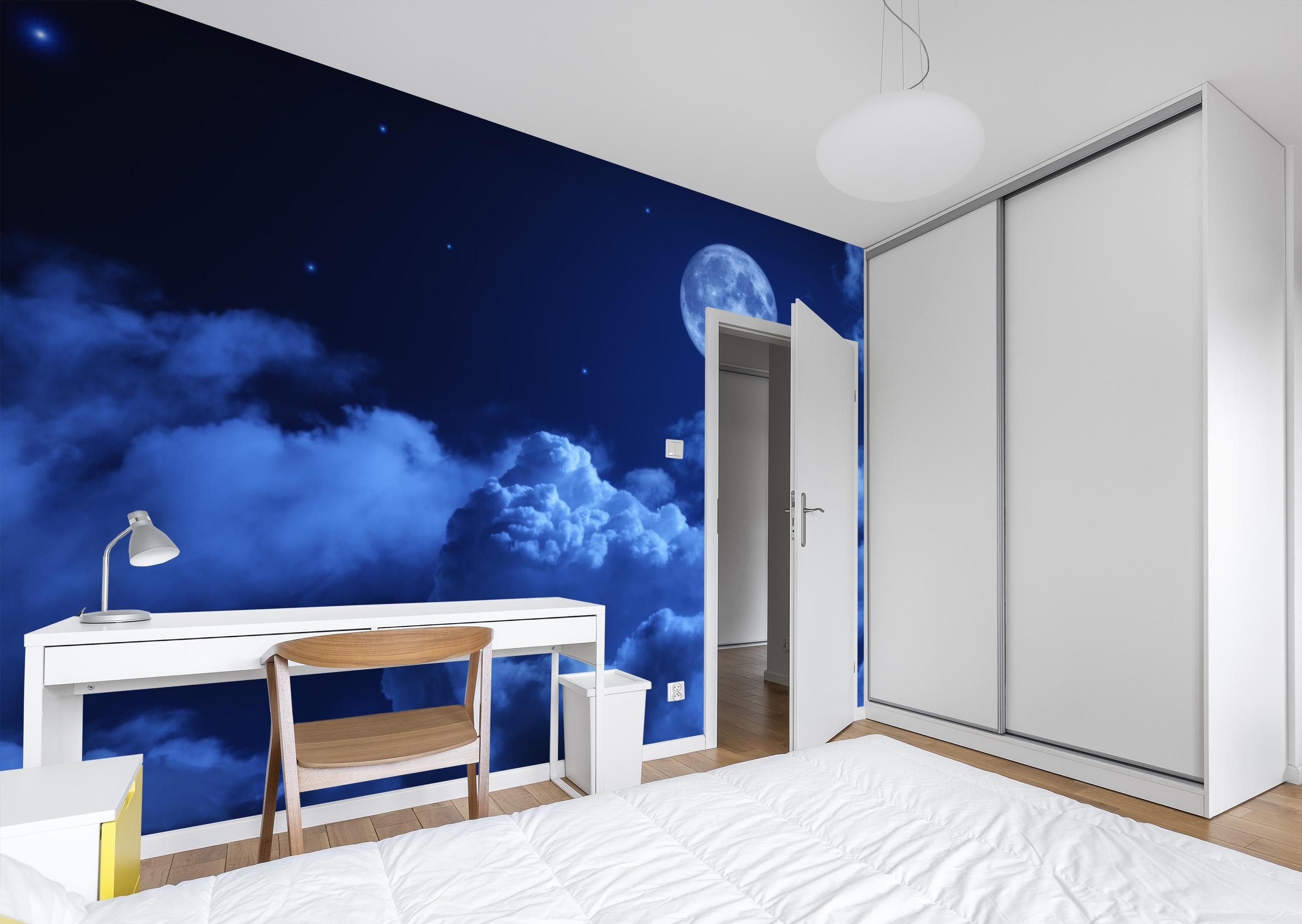 wandmotiv24 Fototapete Nacht Mond Himmel Sternen Wolken Blau, glatt, Wandtapete, Motivtapete, matt, Vliestapete