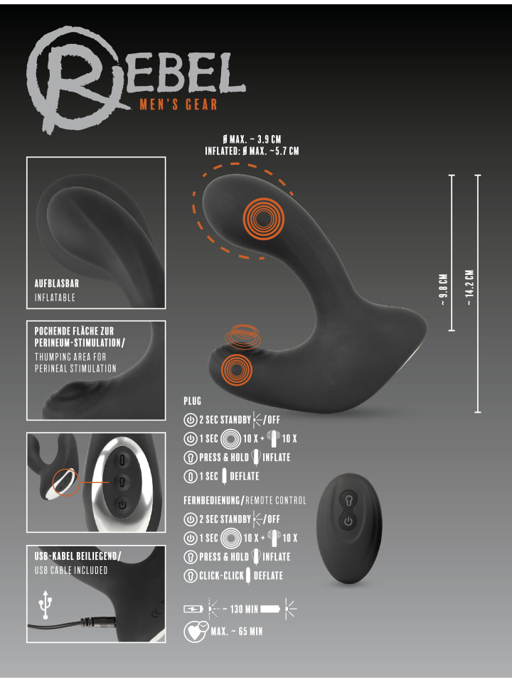 Rebel Analplug RC B-Plug with 3 functions in schwarz günstig kaufen 14,3 cm