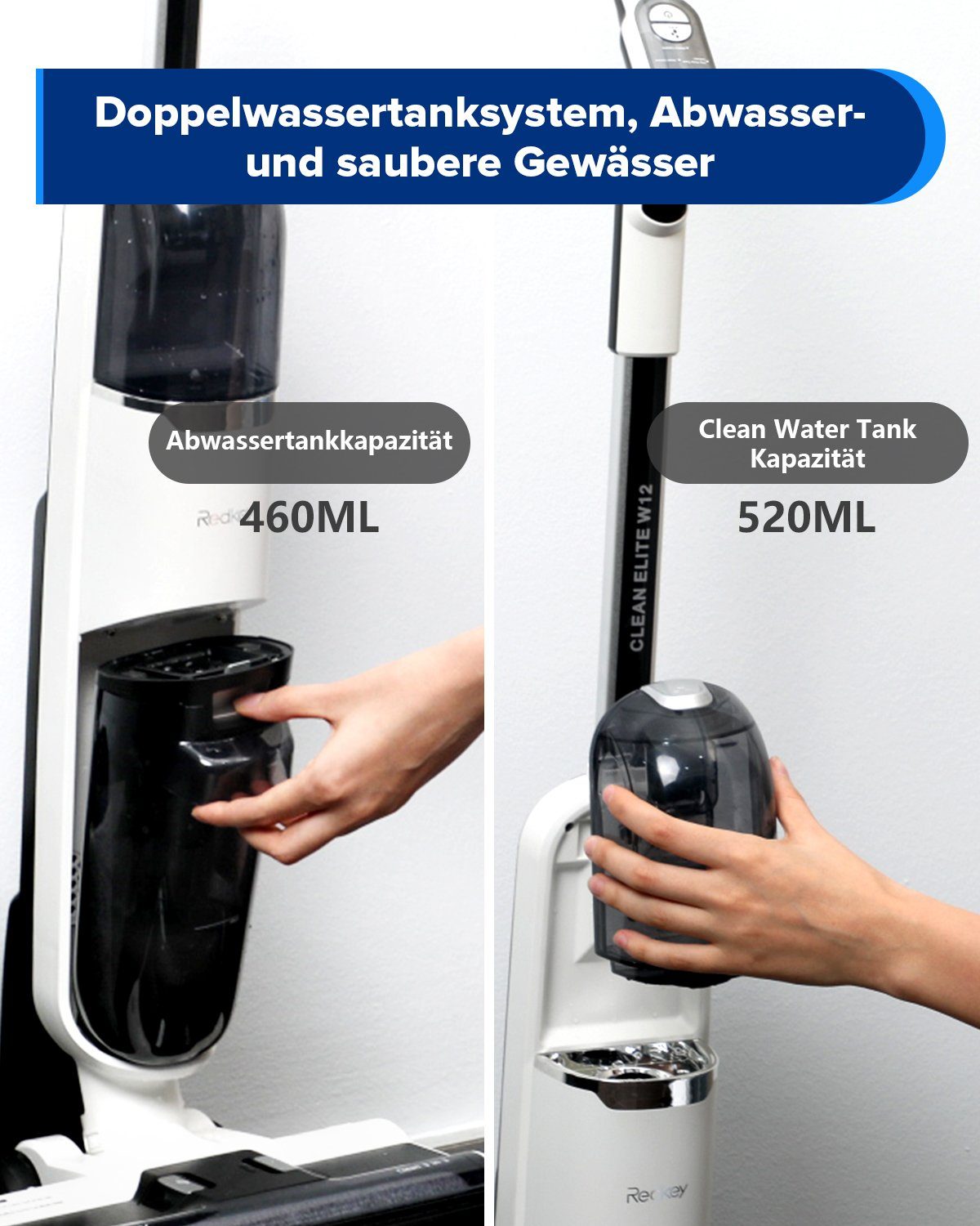 Redkey Nass-Trocken-Akkusauger W12, 150,00 W, Beutellos, Handstaubsauger, Akkustaubsauger, Selbstreinigung, Staubsauger Kabellos, 3-in-1 Nass Trockensauger, LED Anzeige, Doppelwassertank