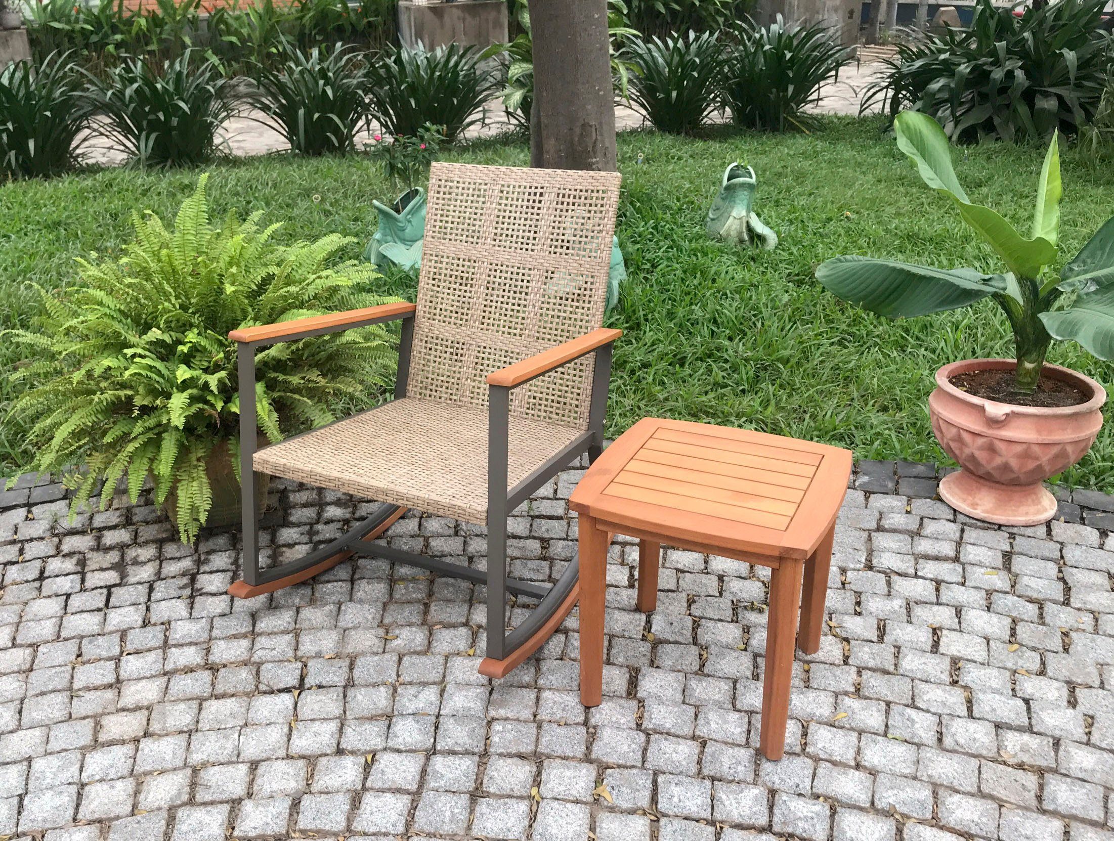 Garden Pleasure Schaukelstuhl SINALOA (Set), Teak Look, inkl. Tisch und Auflagen