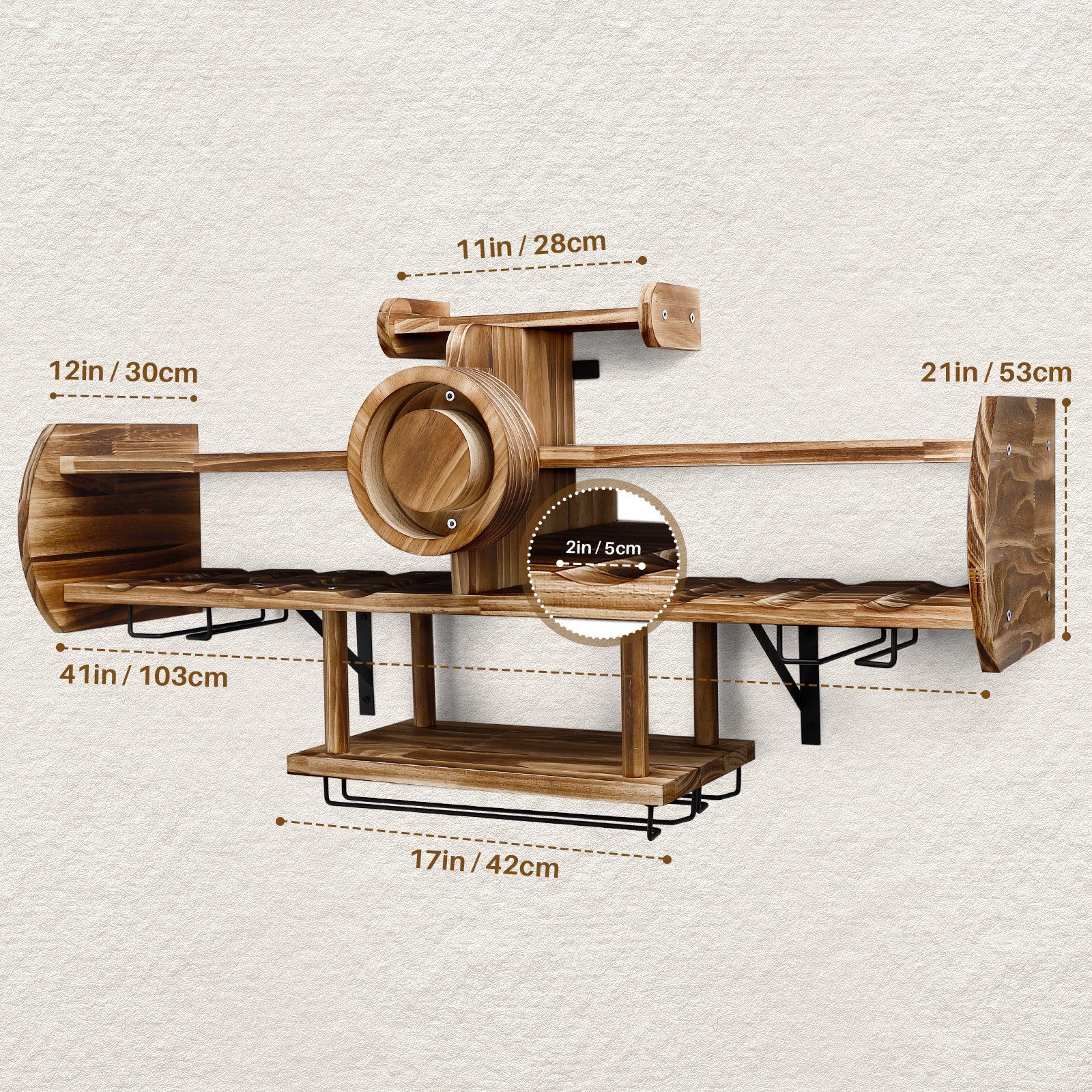 Yorbay Weinregal Weinregal aus Holz, Wandbar mit Korkhalter, Flugzeug-förmig, Holzregal für Weingläser, Whiskygläser, Wandmontage Wand Flaschenhalter Vintage Stil für Hausbar