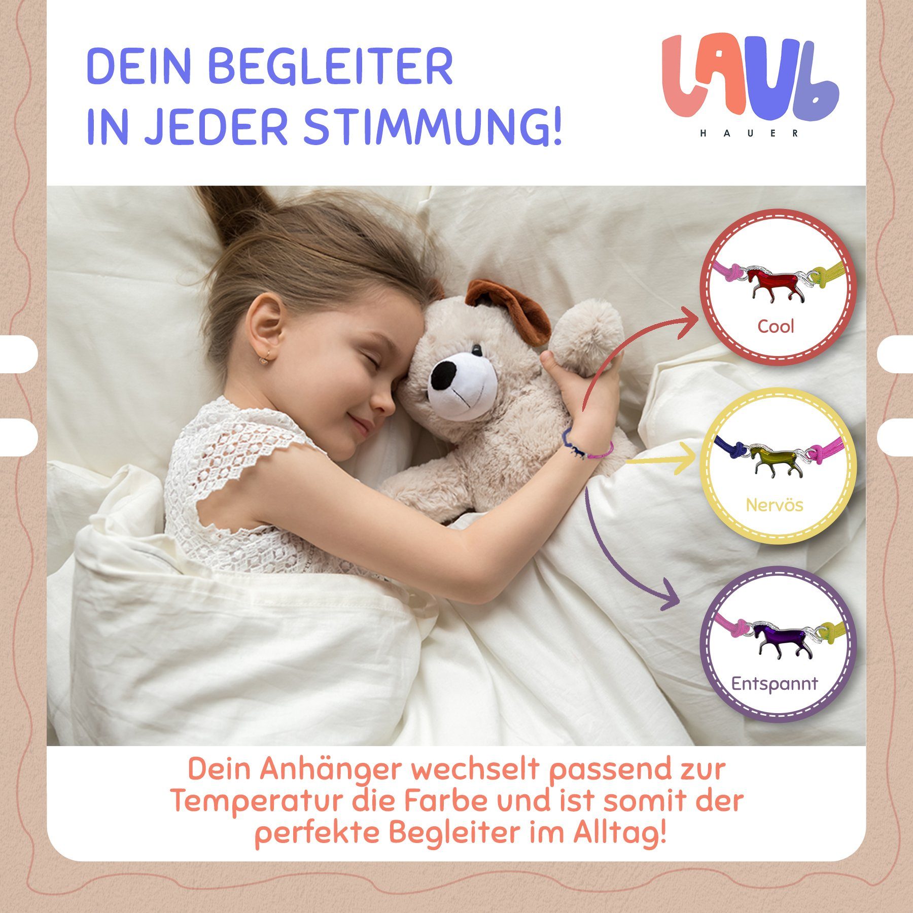 Laubhauer Armband Set Stimmungsarmband Pferd Einhorn Anhänger Kinder Mädchen Regenbogenfarbe (2, 2er Set), Freundschaftsband, Personalisierbar