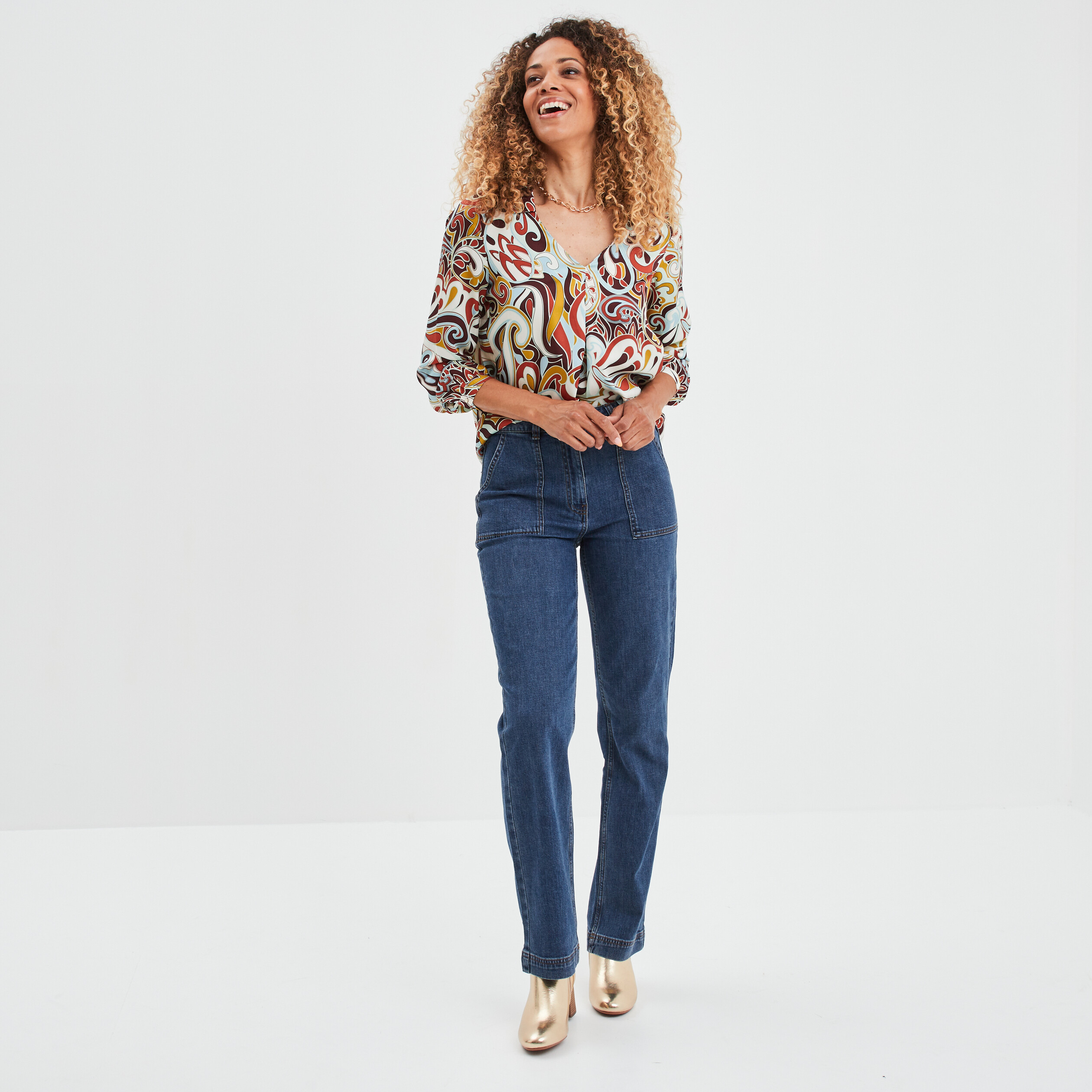 Blouse satin col en V à revers noir femme | La Halle